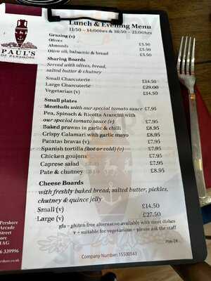 Paul's Of Pershore menu