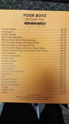 Poor Boyz menu