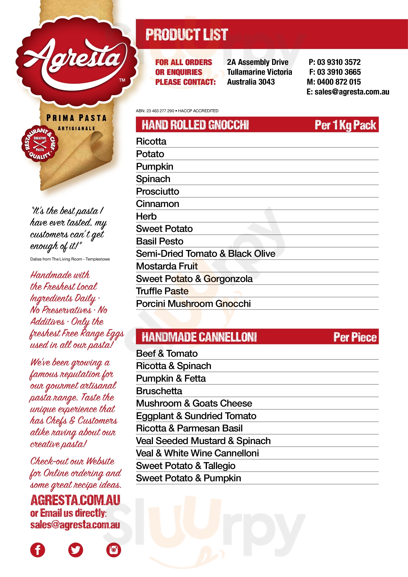 Agresta Prima Pasta Melbourne Menu - 1