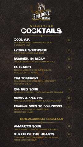 Epilogue Lounge & Rooftop Bar menu