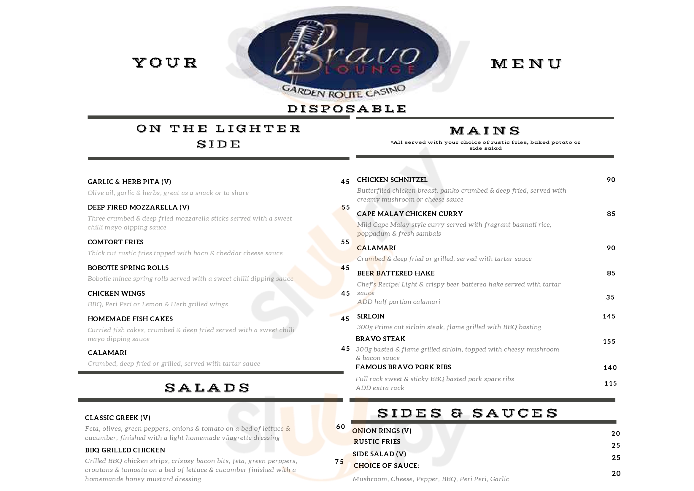 Bravo Lounge Mossel Bay Menu - 1