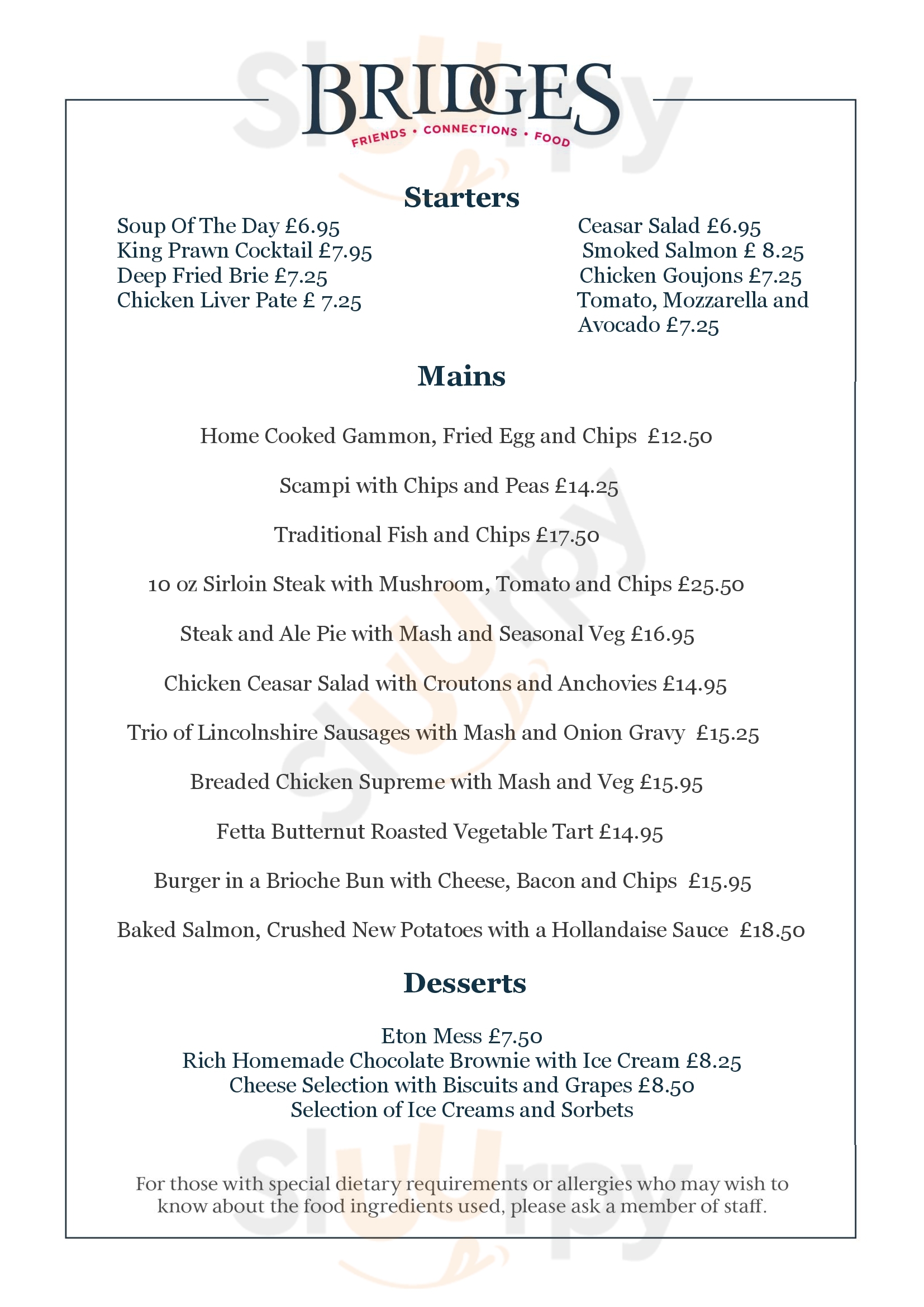 Main Menu - Bridges Restaurant Ledian Gardens