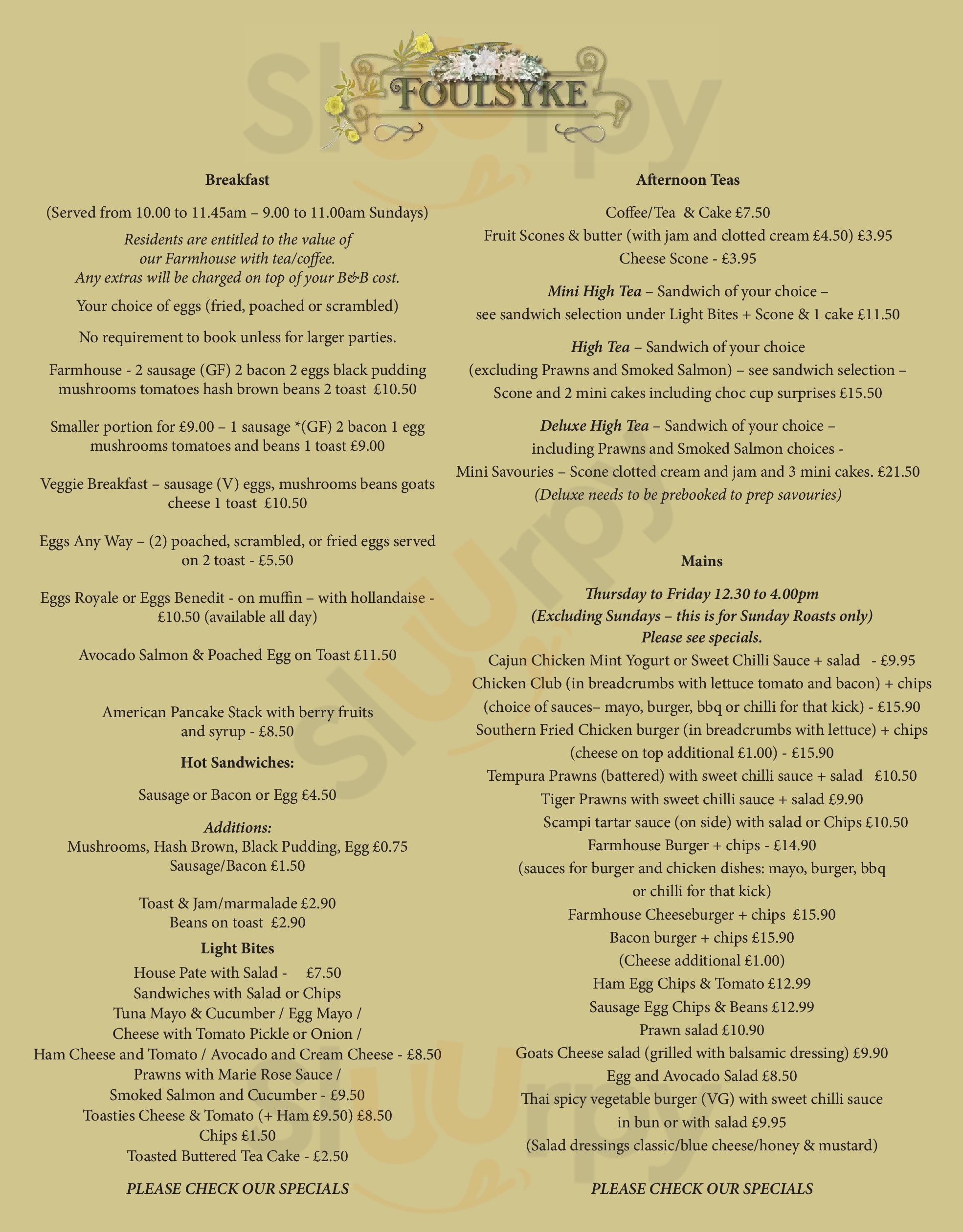 Main Menu - The Foulsyke Bistro