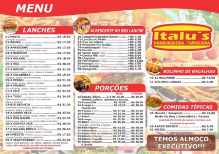 Italu's Hamburgueria E Tapiocaria menu