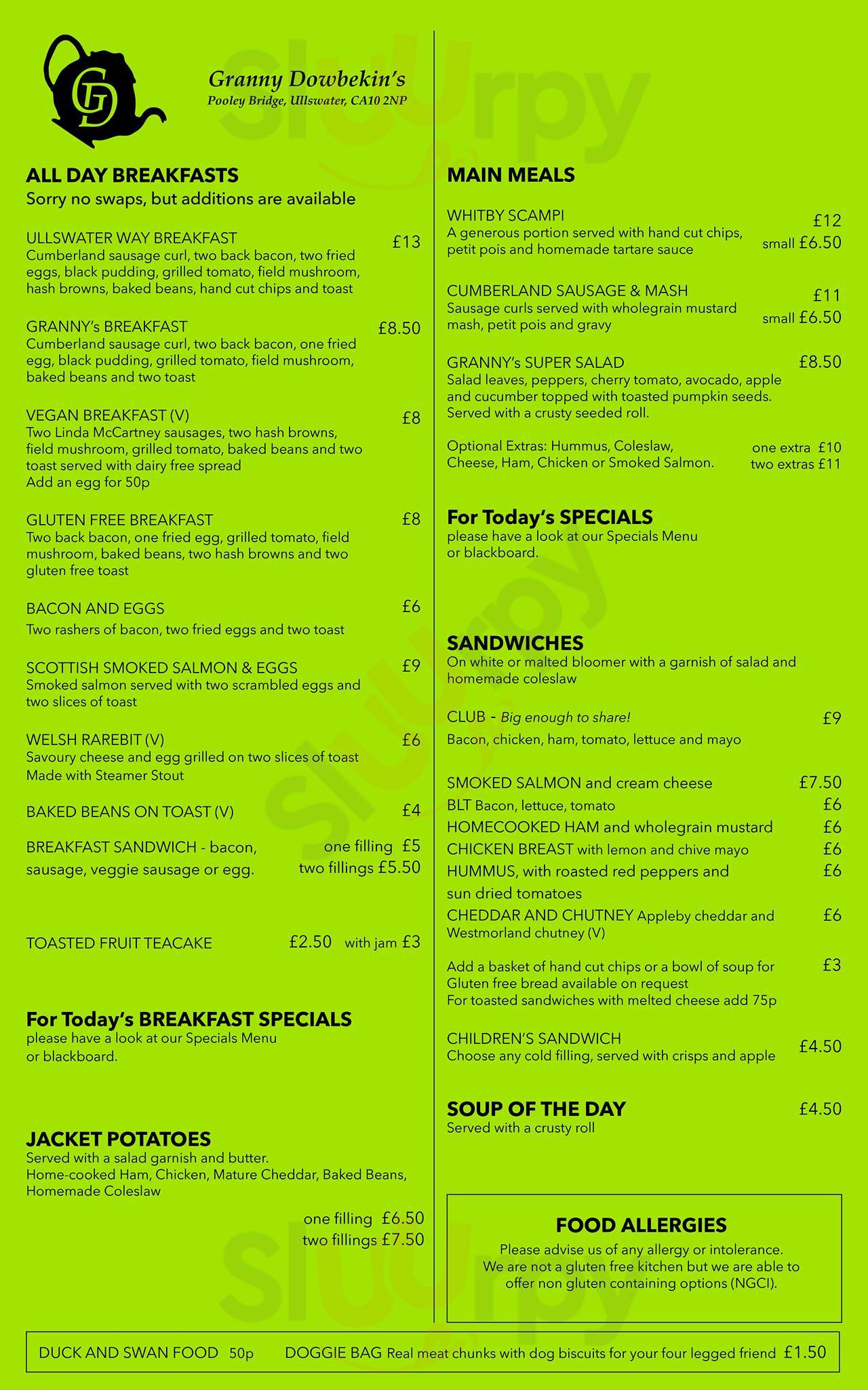 Granny Dowbekin's Pooley Bridge Menu - 1