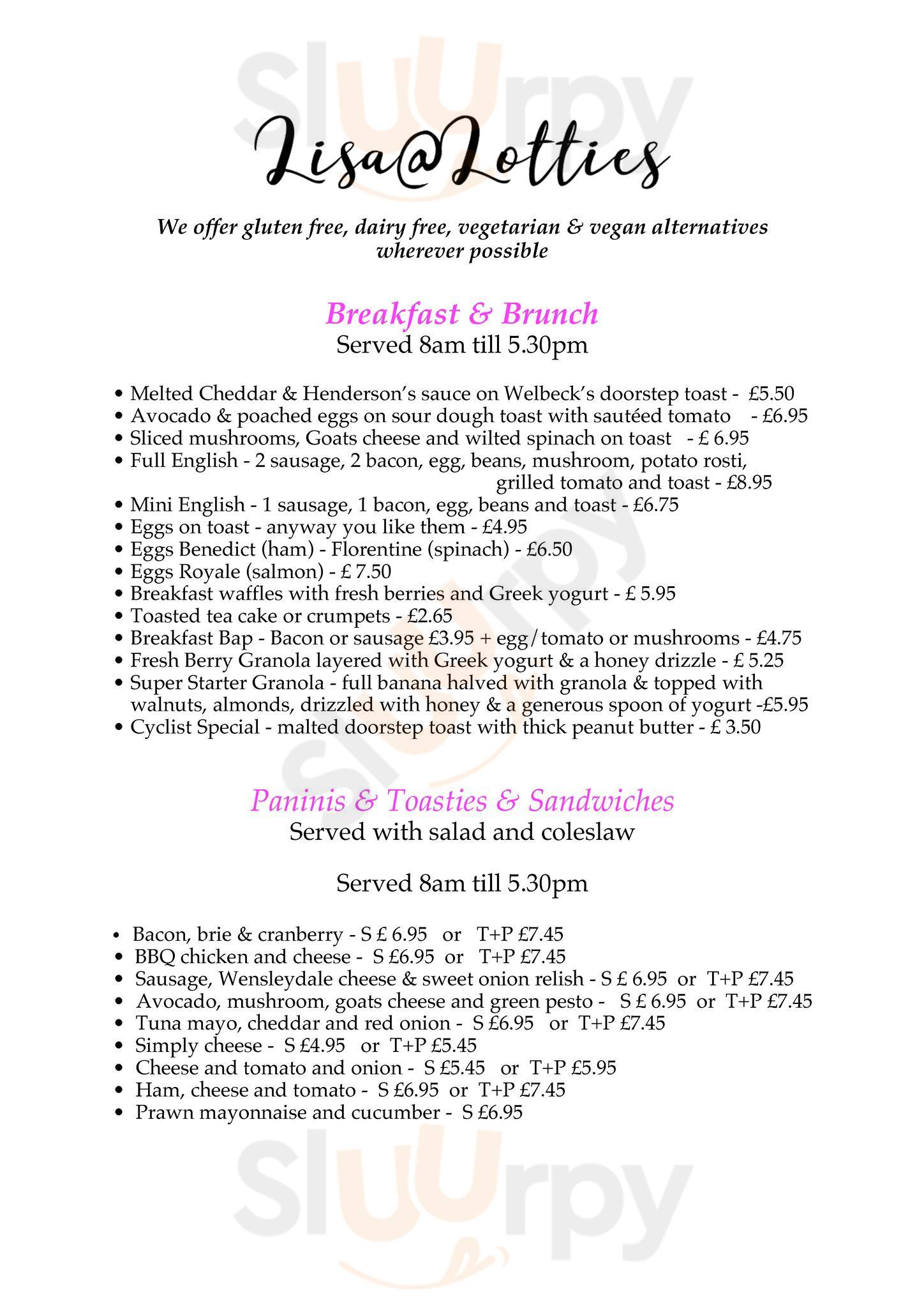 Lisalotties Licenced Cafe, Coffee Bar & Speciality Cakes Tickhill Menu - 1