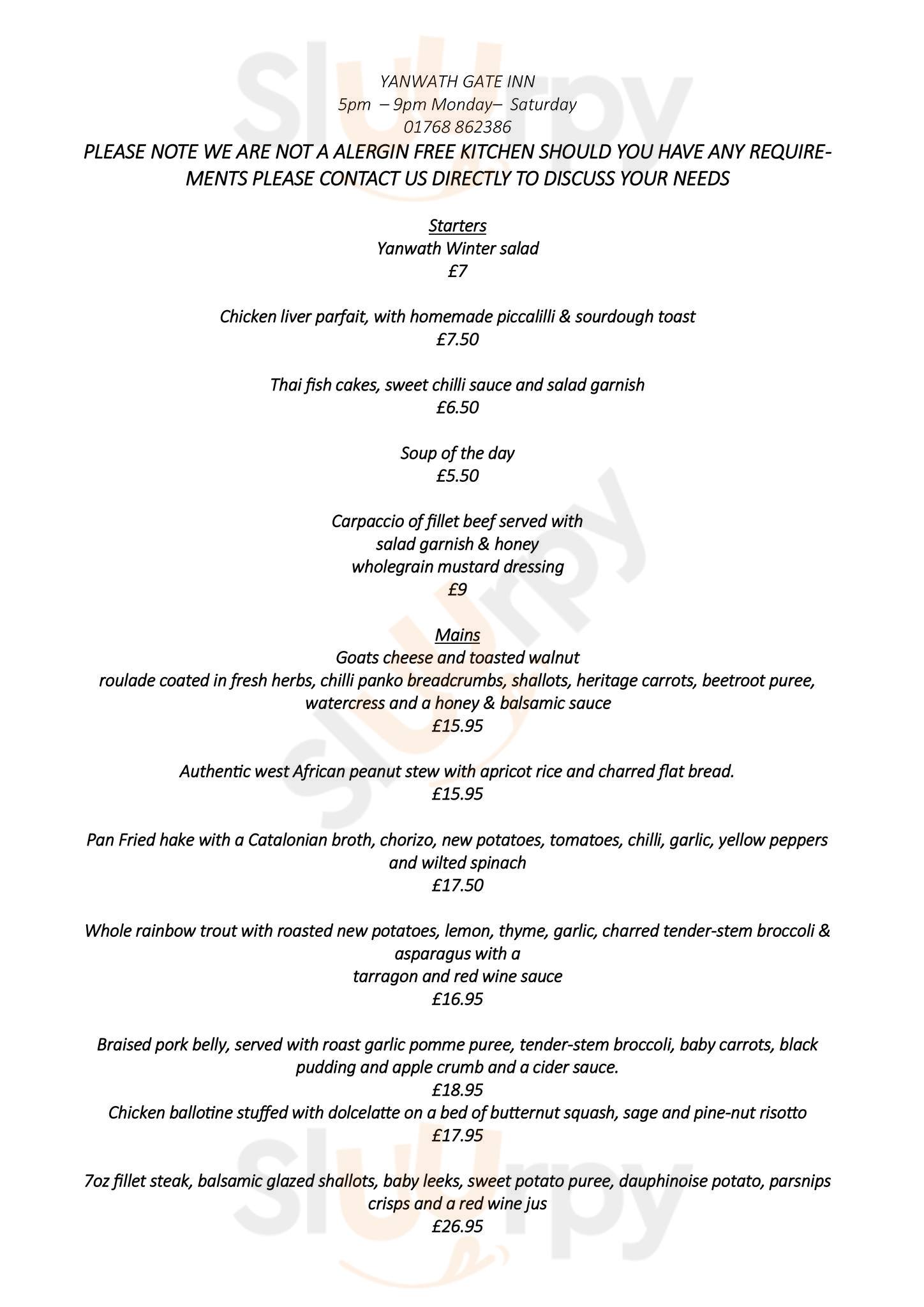 Yanwath Gate Inn Yanwath Menu - 1