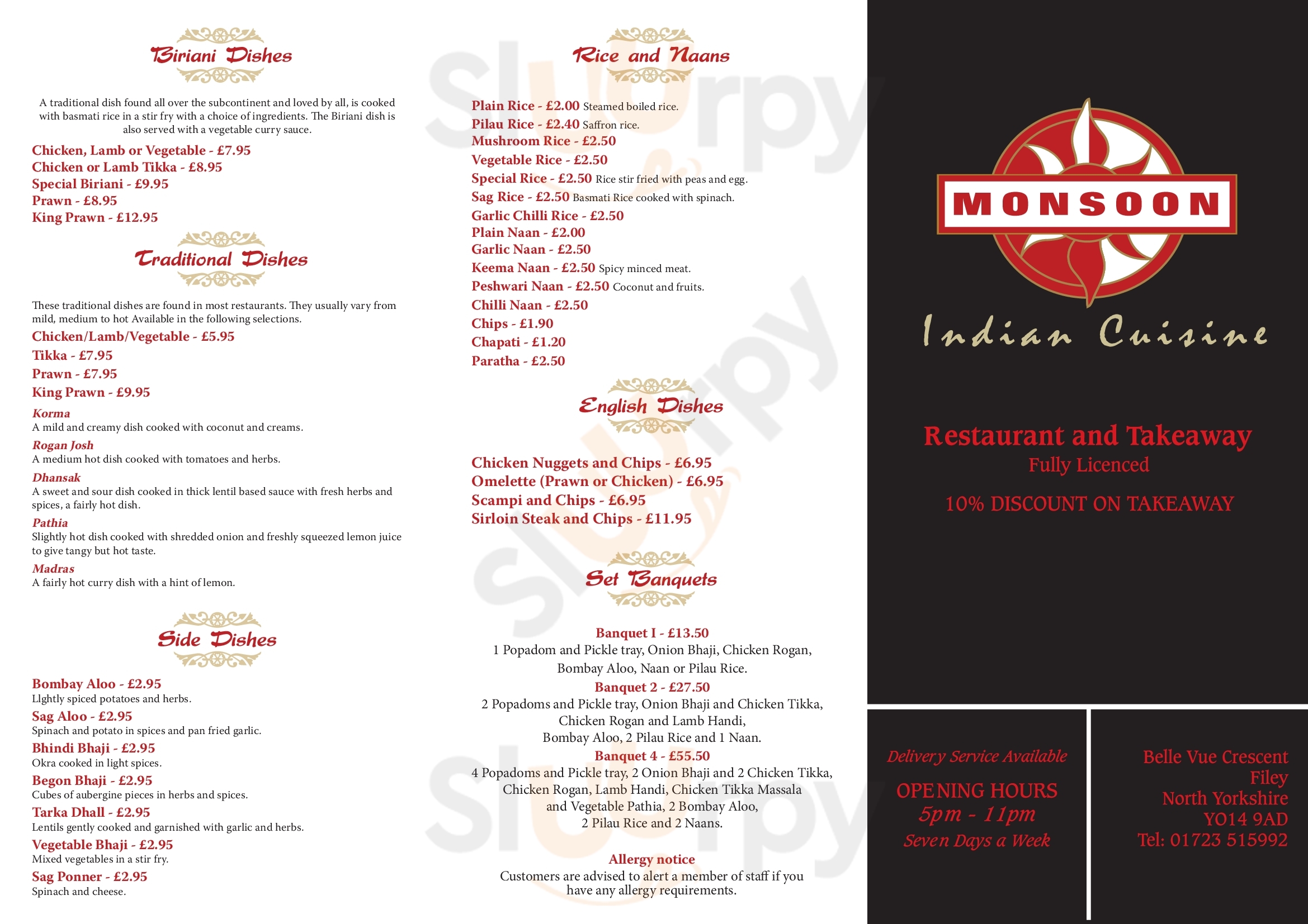 Monsoon Indian Cuisine Filey Menu - 1