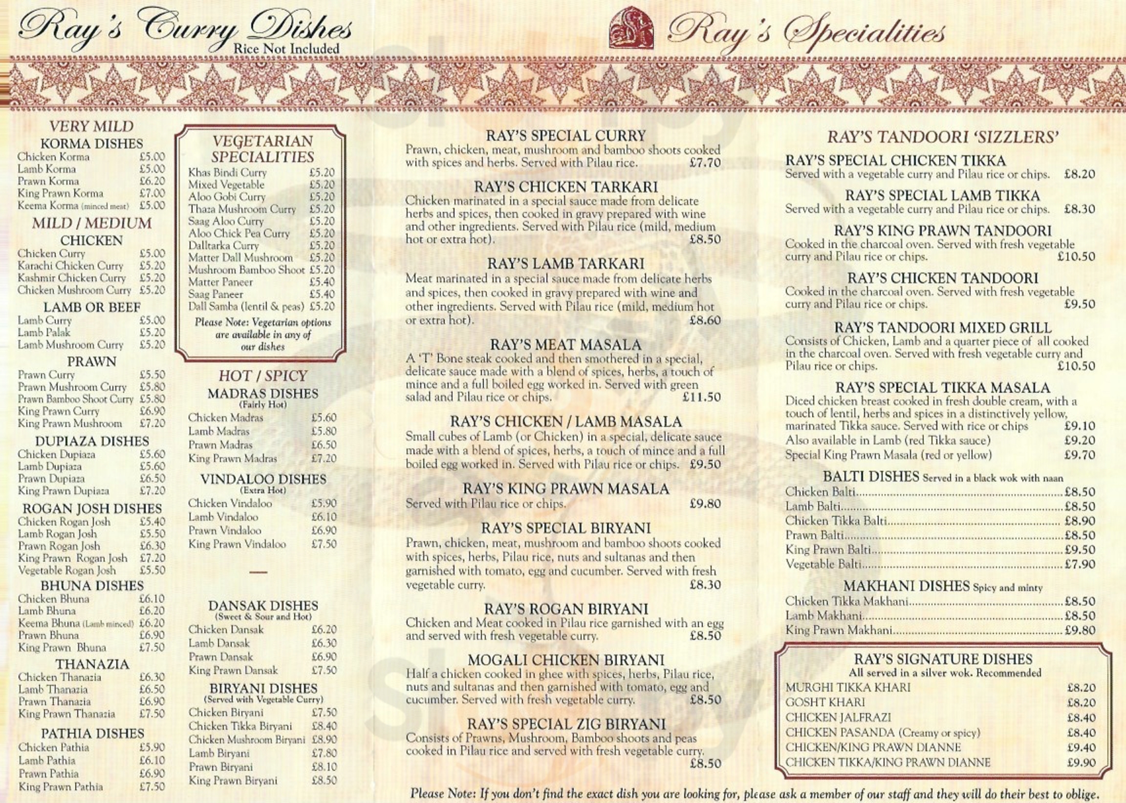 Ray's Place Kashmiri Restaurant Kingston-upon-Hull Menu - 1