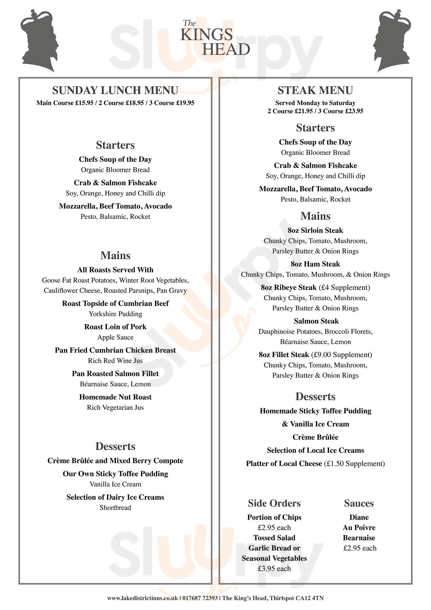 King's Head Inn menù, Thirlmere Main Menu Sluurpy