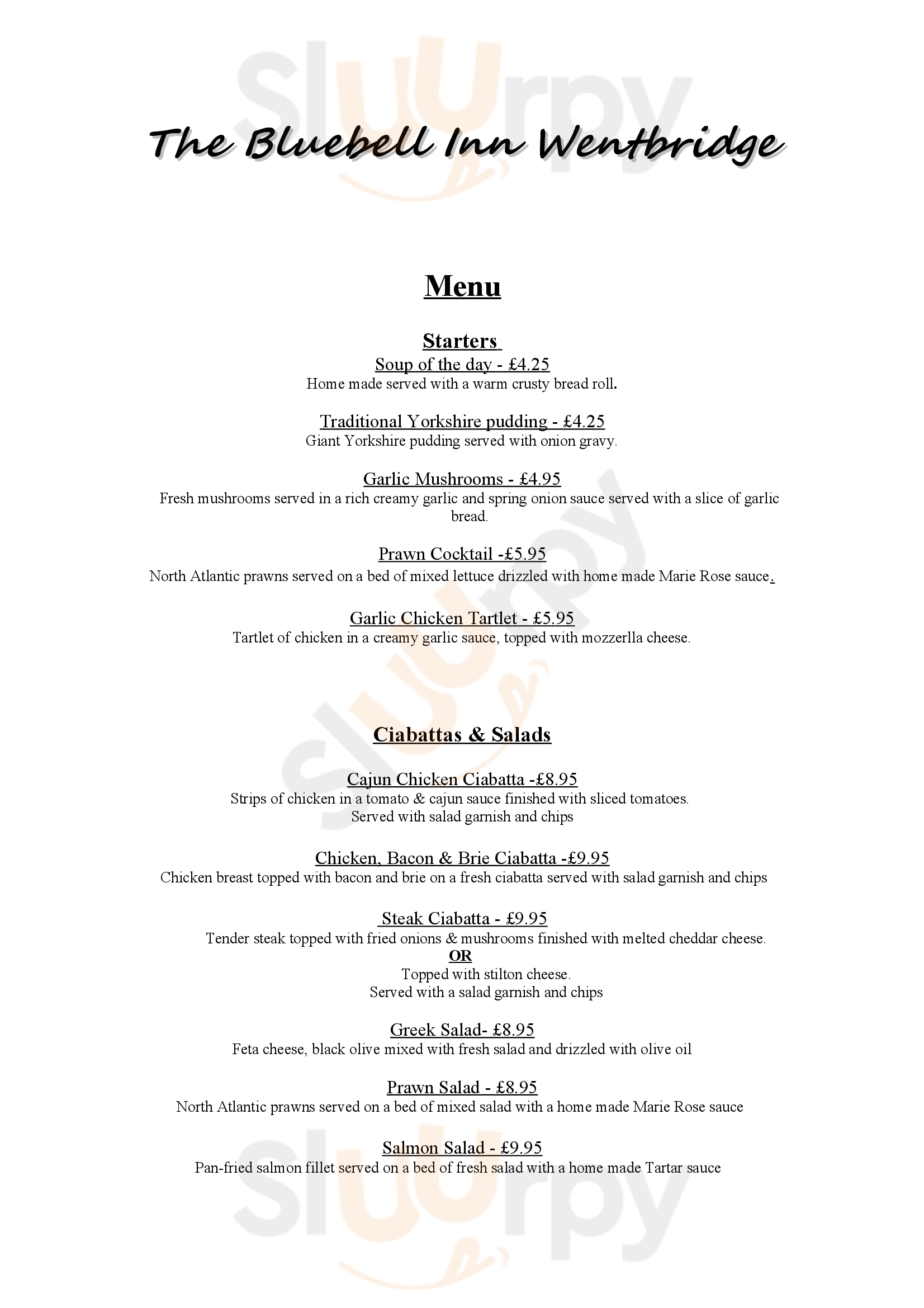 The Blue Bell Inn Wentbridge Menu - 1