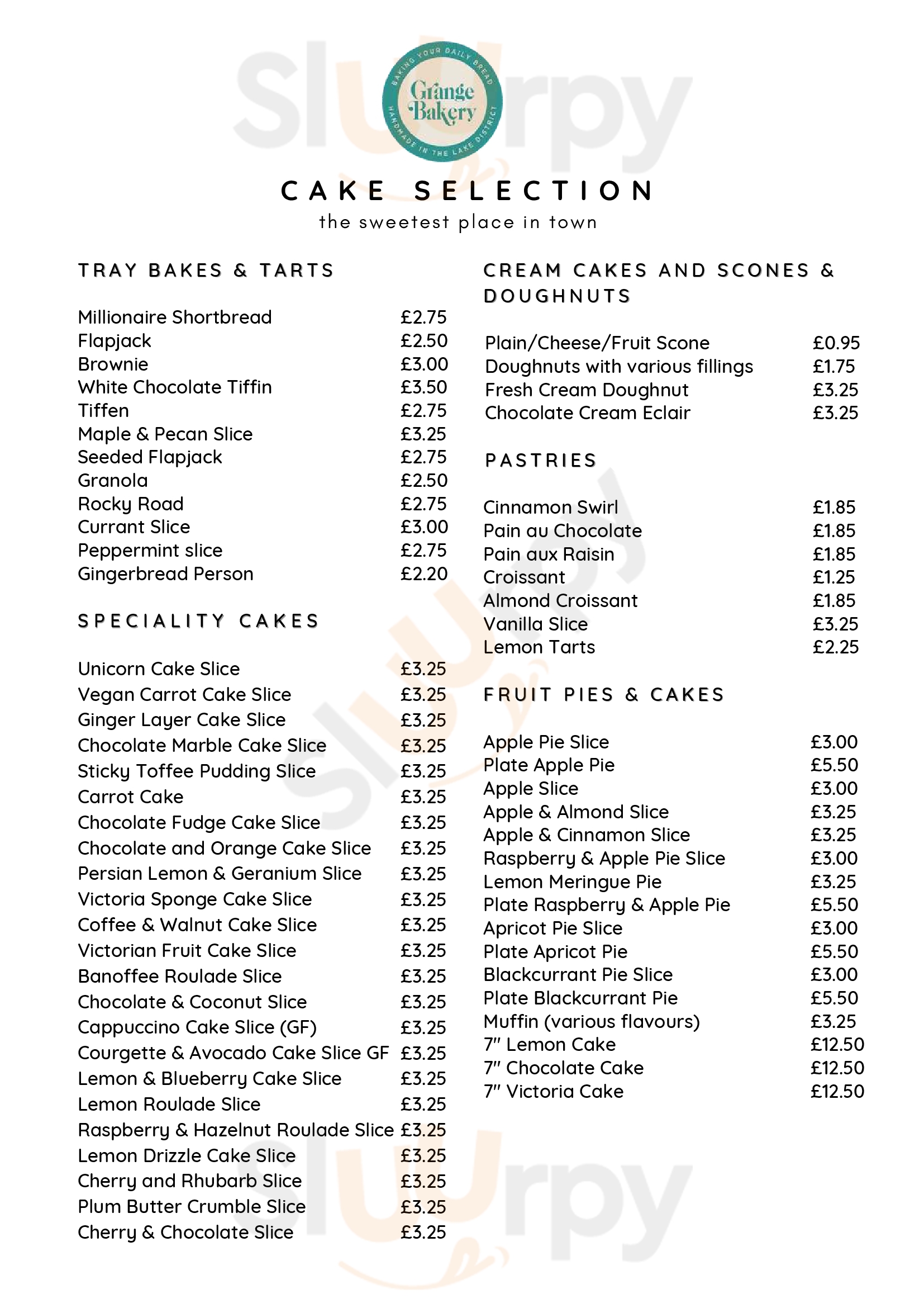 Main Menu - Grange Bakery