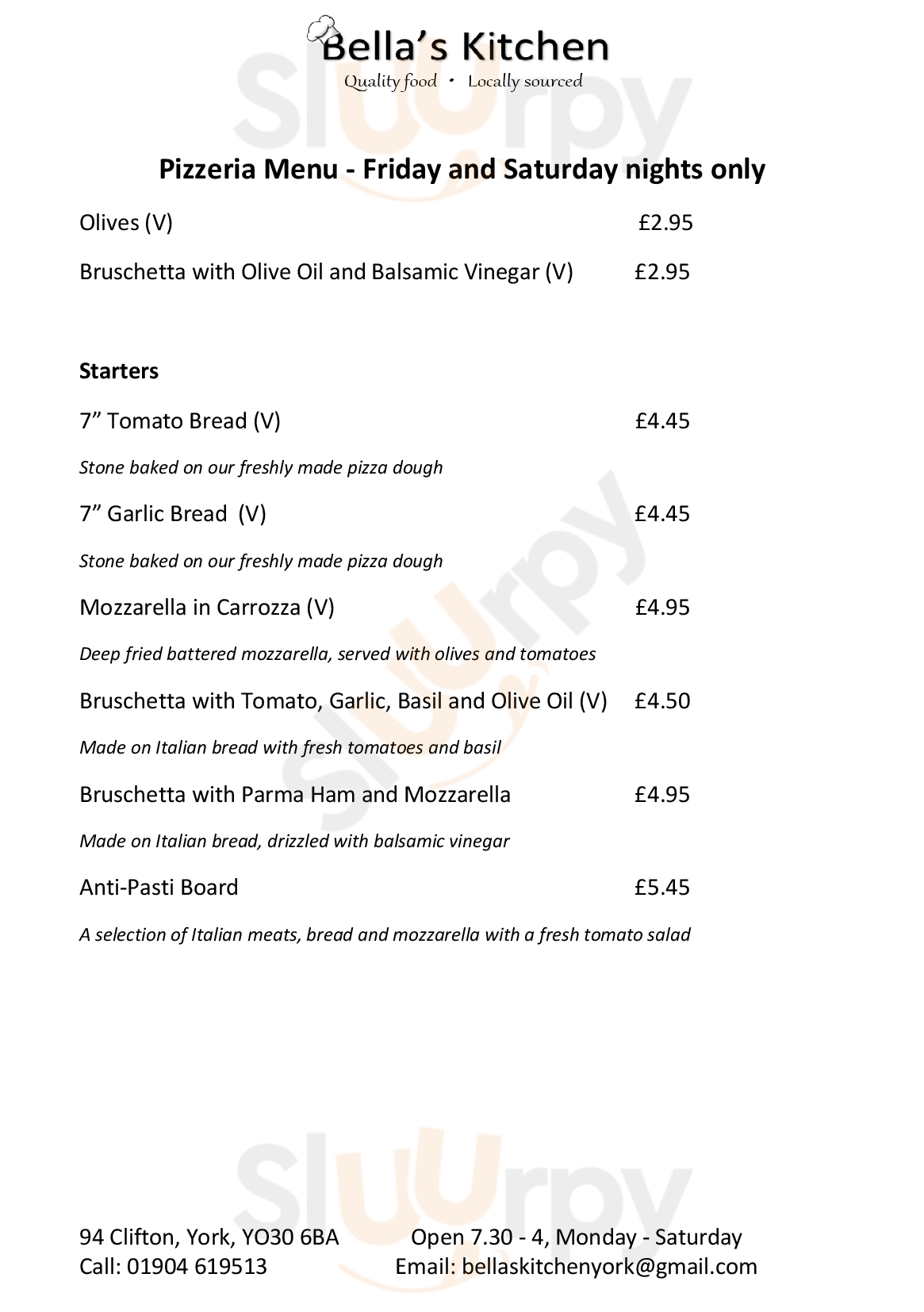 Main Menu - Bella's Kitchen York