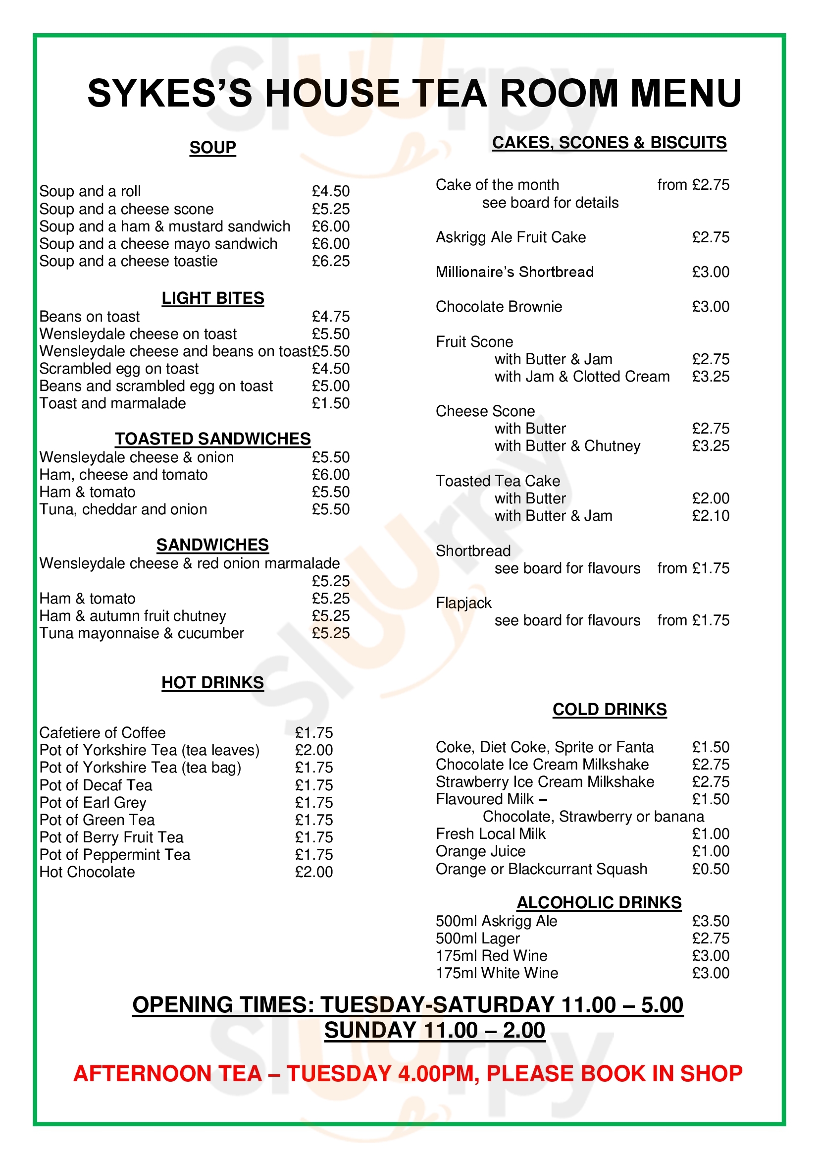 Sykes House Tea Room Askrigg Menu - 1