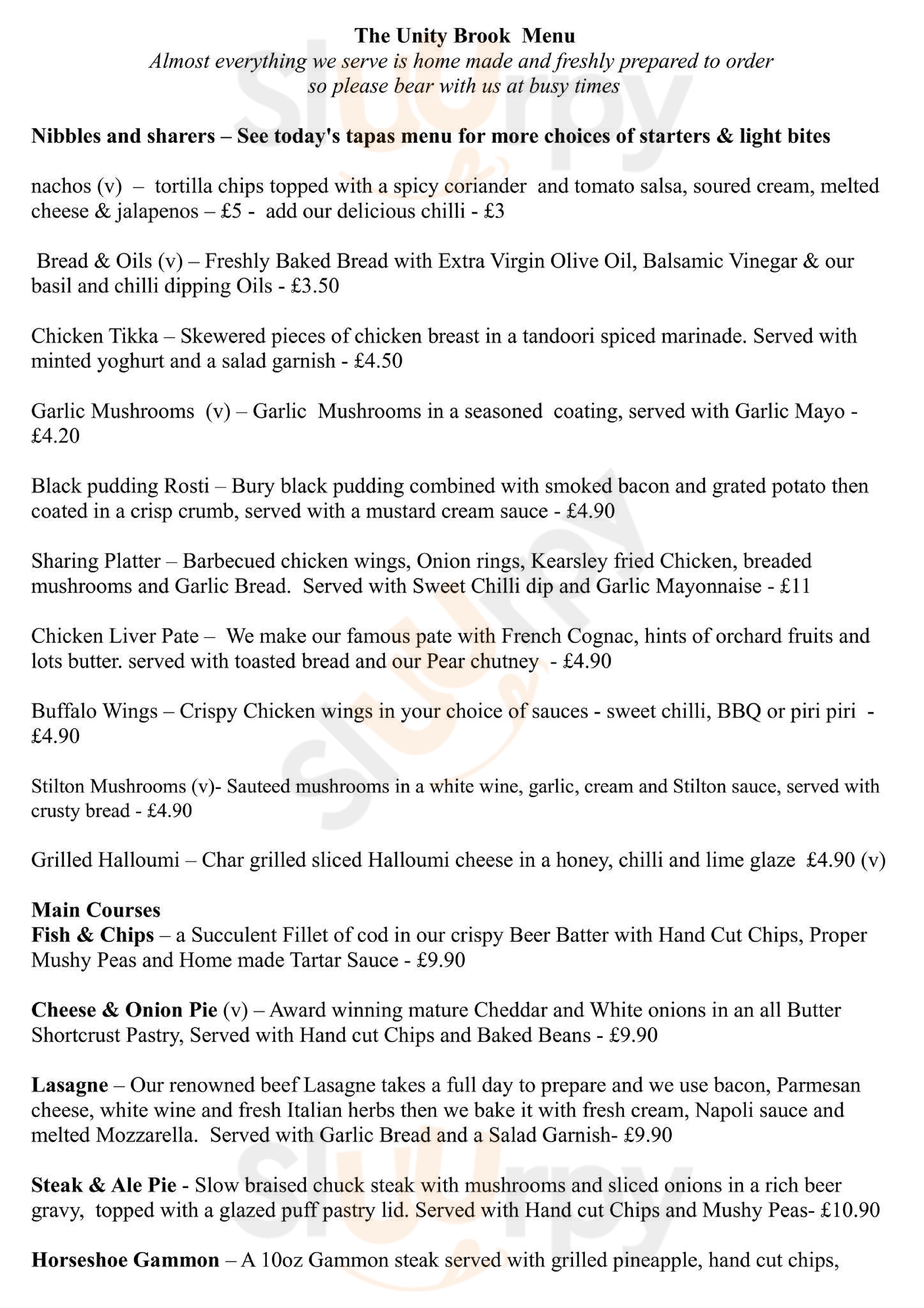 Unity Brook Pub Kearsley Menu - 1