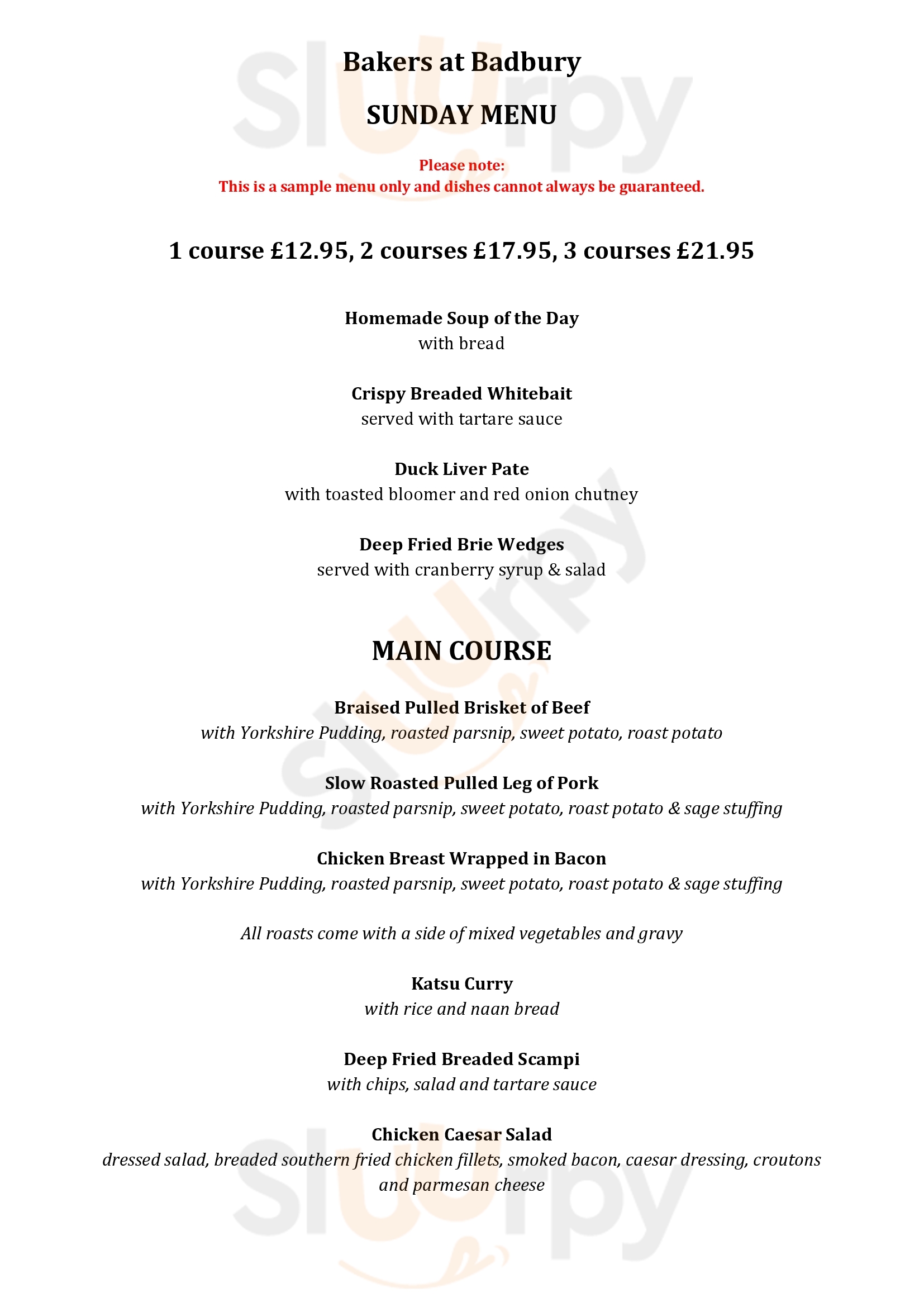 The Bakers Arms Swindon Menu - 1
