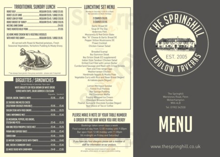 THE SPRINGHILL, WOLVERHAMPTON - Warstones Road - Menu and Prices