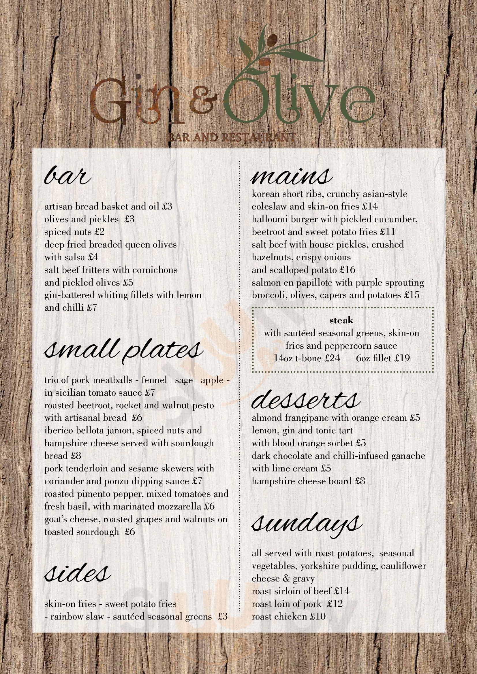 Gin & Olive Southsea Portsmouth Menu - 1