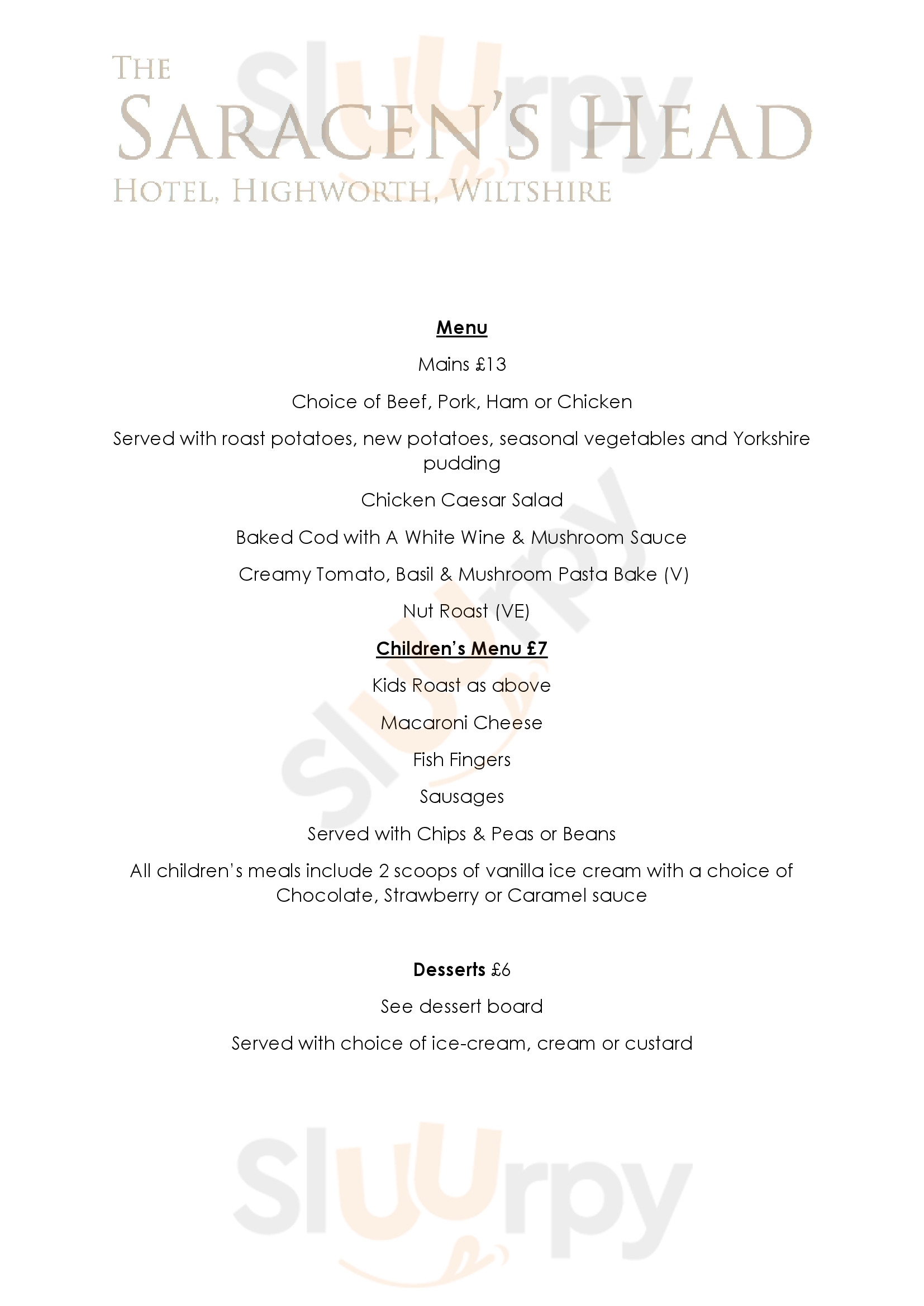 The Saracens Head Hotel Swindon Menu - 1