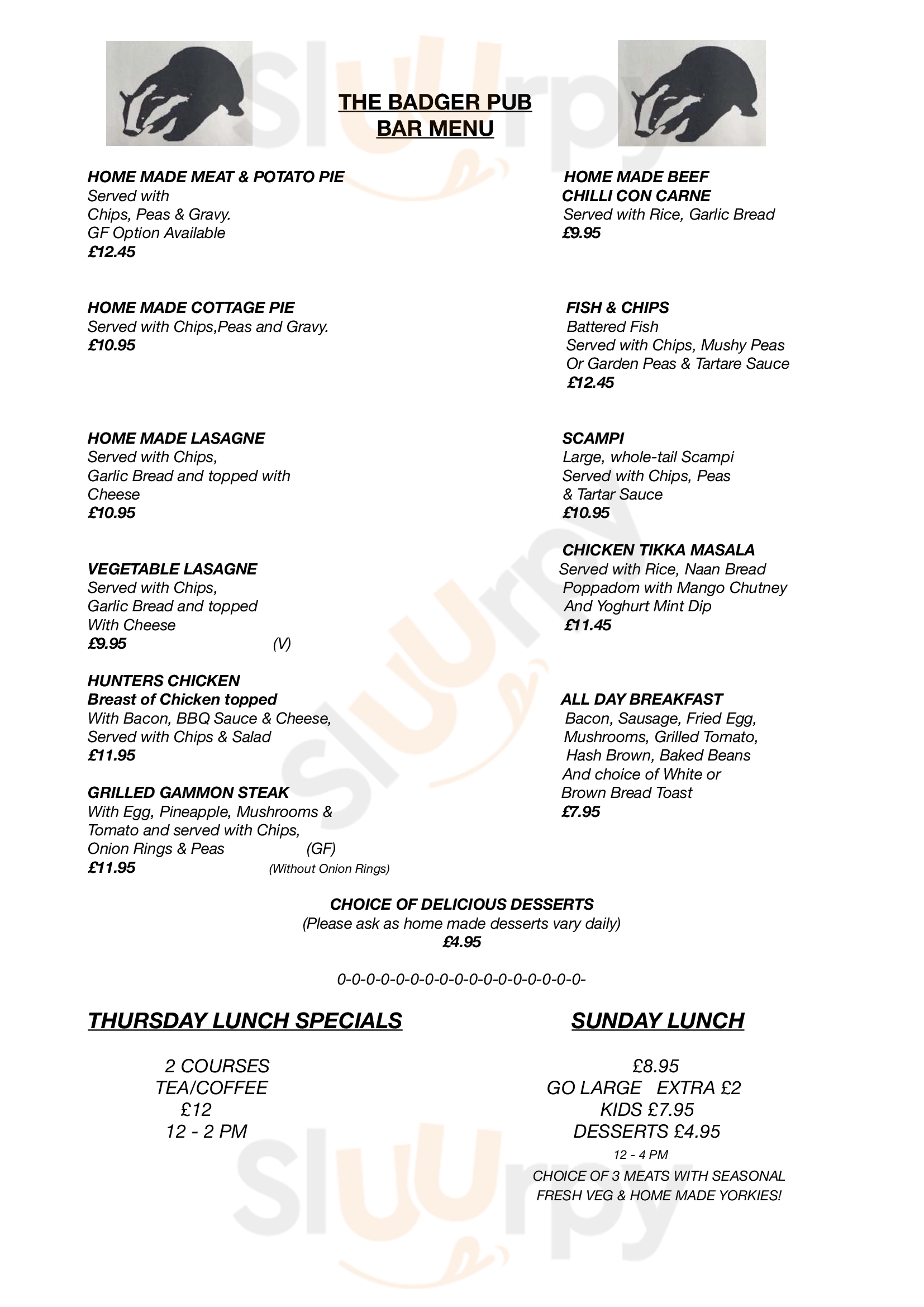 The Badger Pub Chesterfield Menu - 1