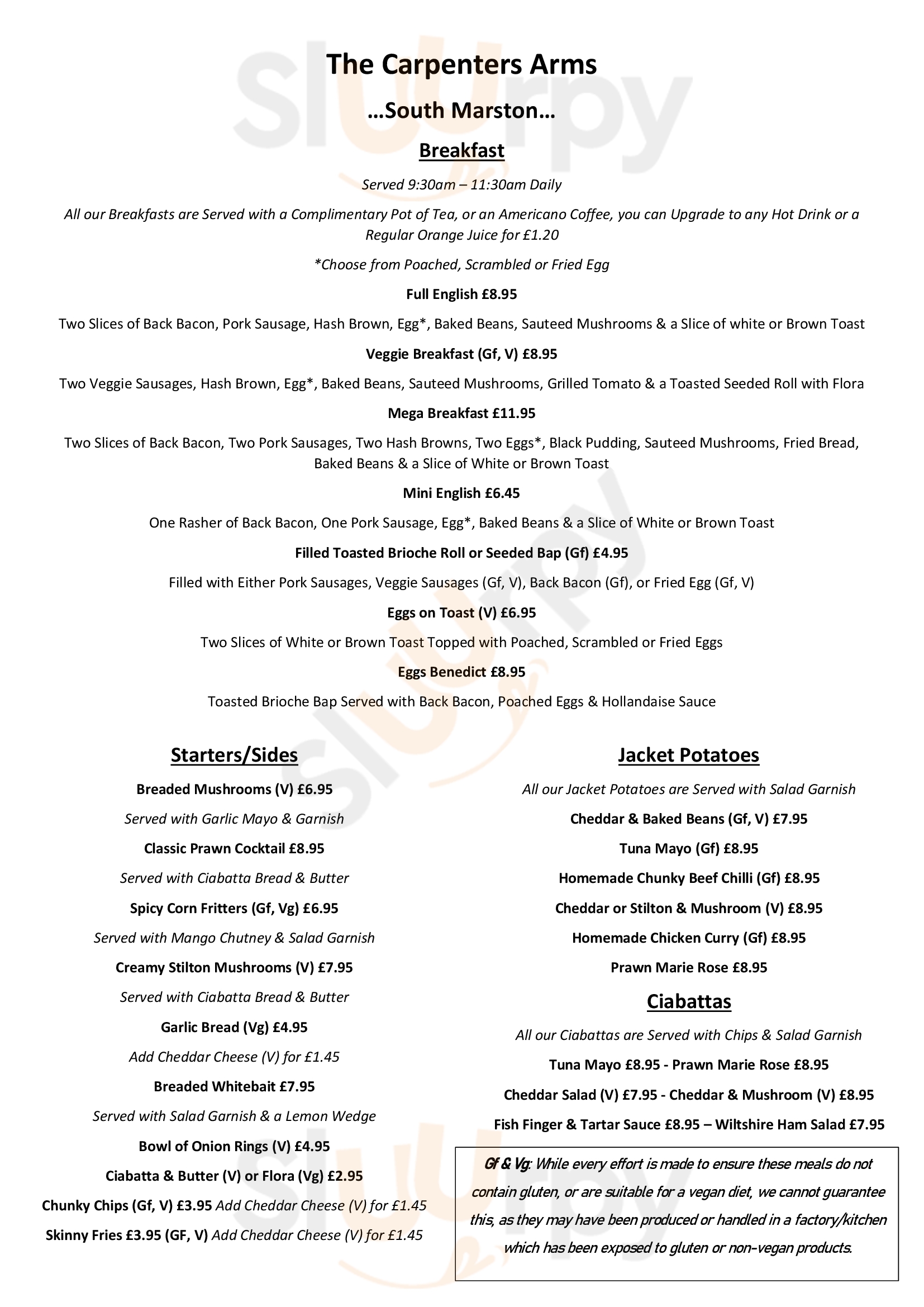 Main Menu - Carpenters Arms Restaurant