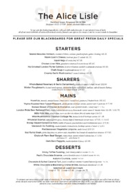 The Alice Lisle, Ringwood menu