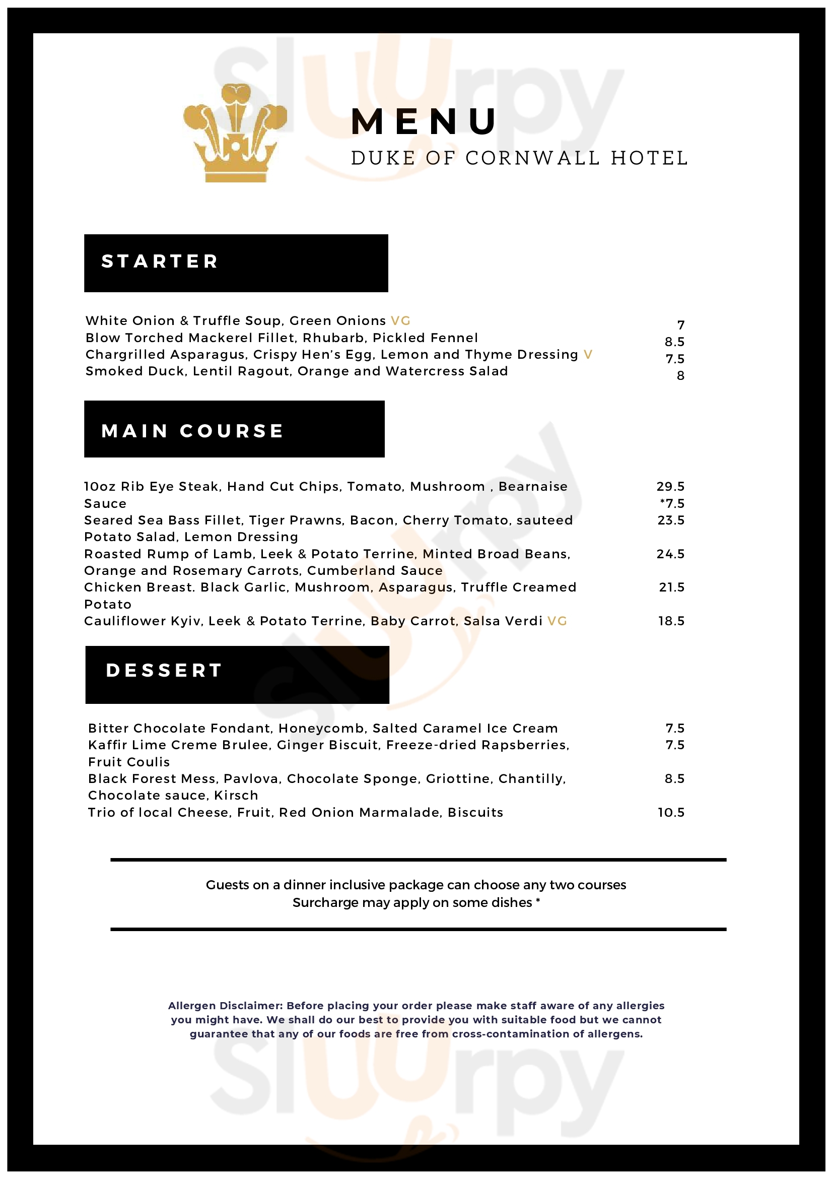 Main Menu - Best Western Duke Of Cornwall Hotel