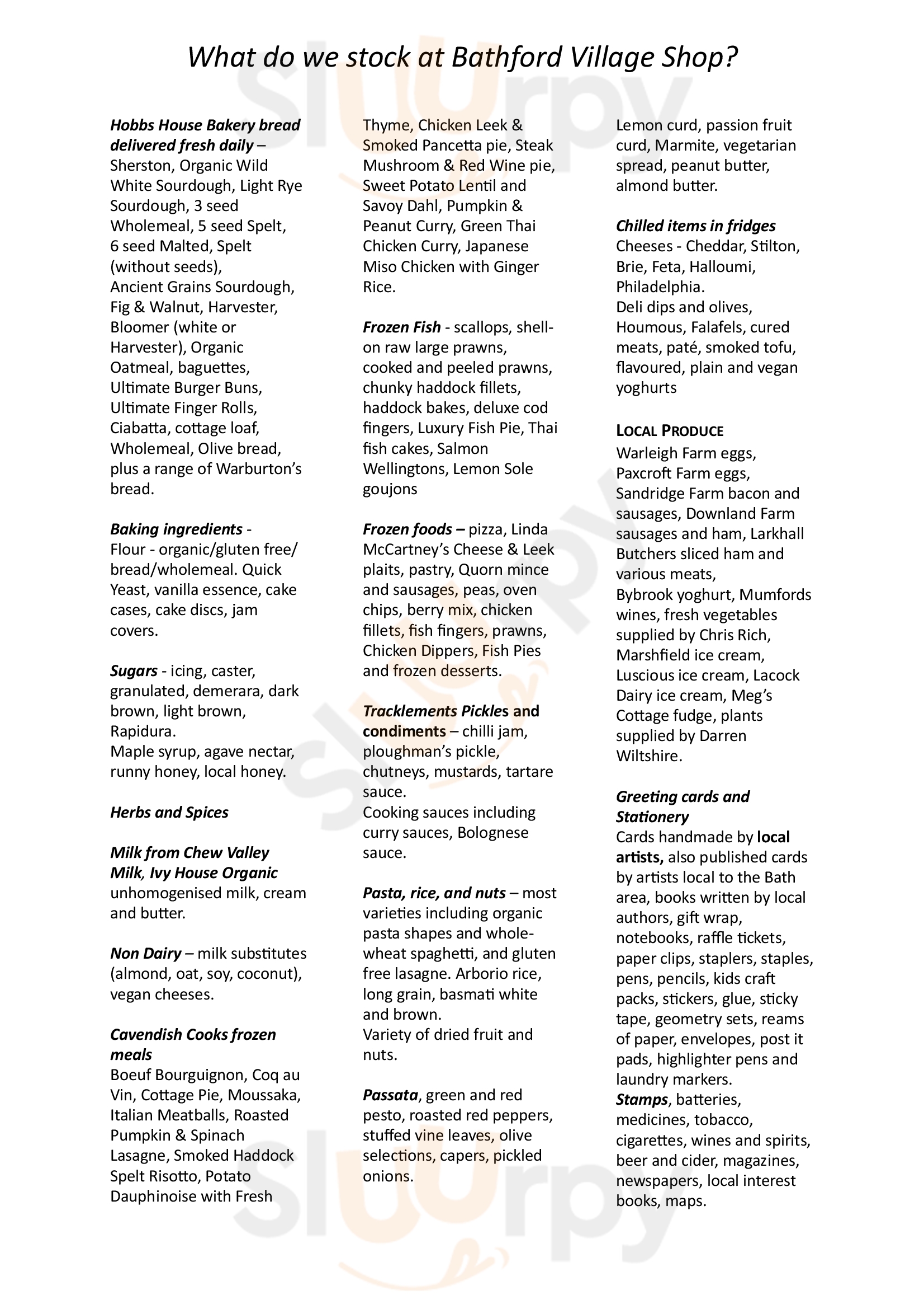 Bathford Village Shop Community Cafe Bathford Menu - 1