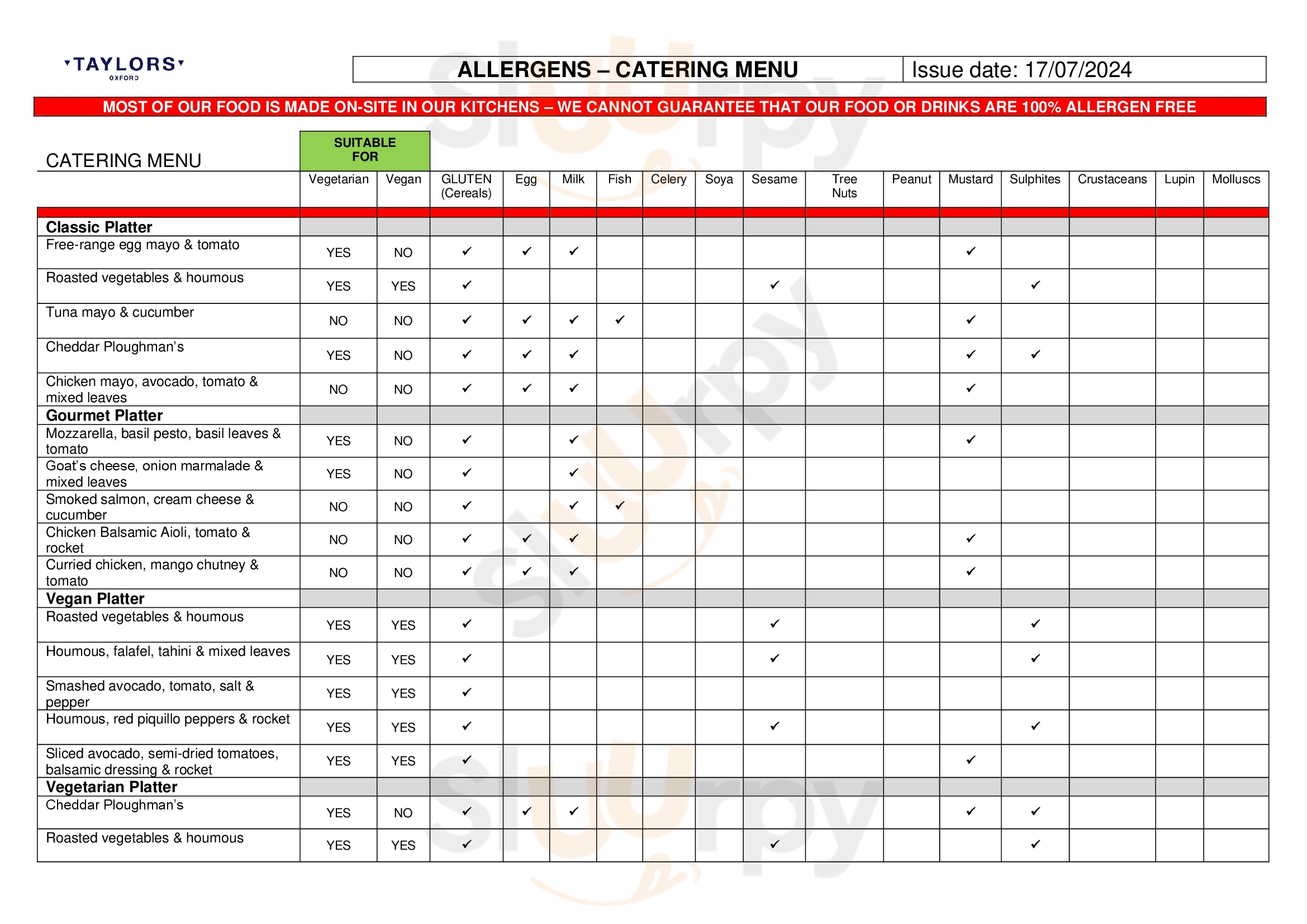 Taylors Oxford Menu - 1