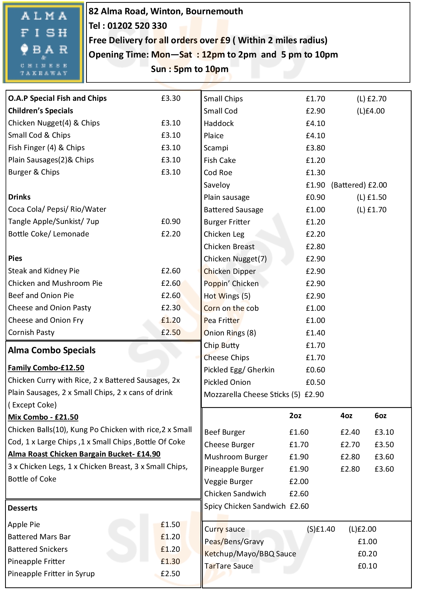 Alma Fish Bar And Chinese Takeaway Bournemouth Menu - 1