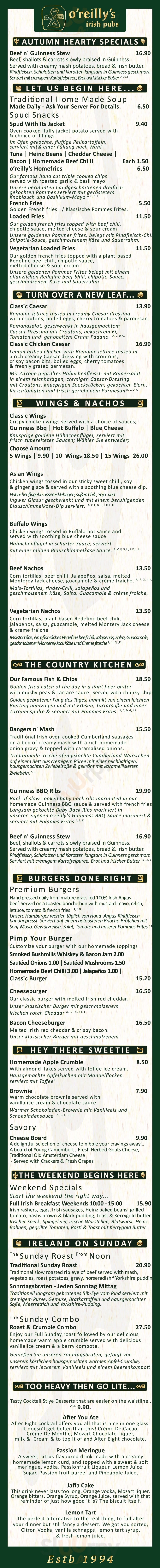 O'reilly's Irish Pubs Düsseldorf Menu - 1