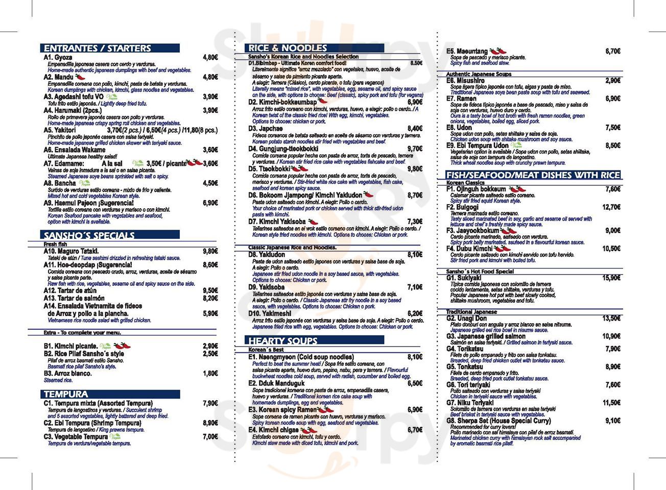 Menú principal - Sansho - Korean And Japanese Cuisine