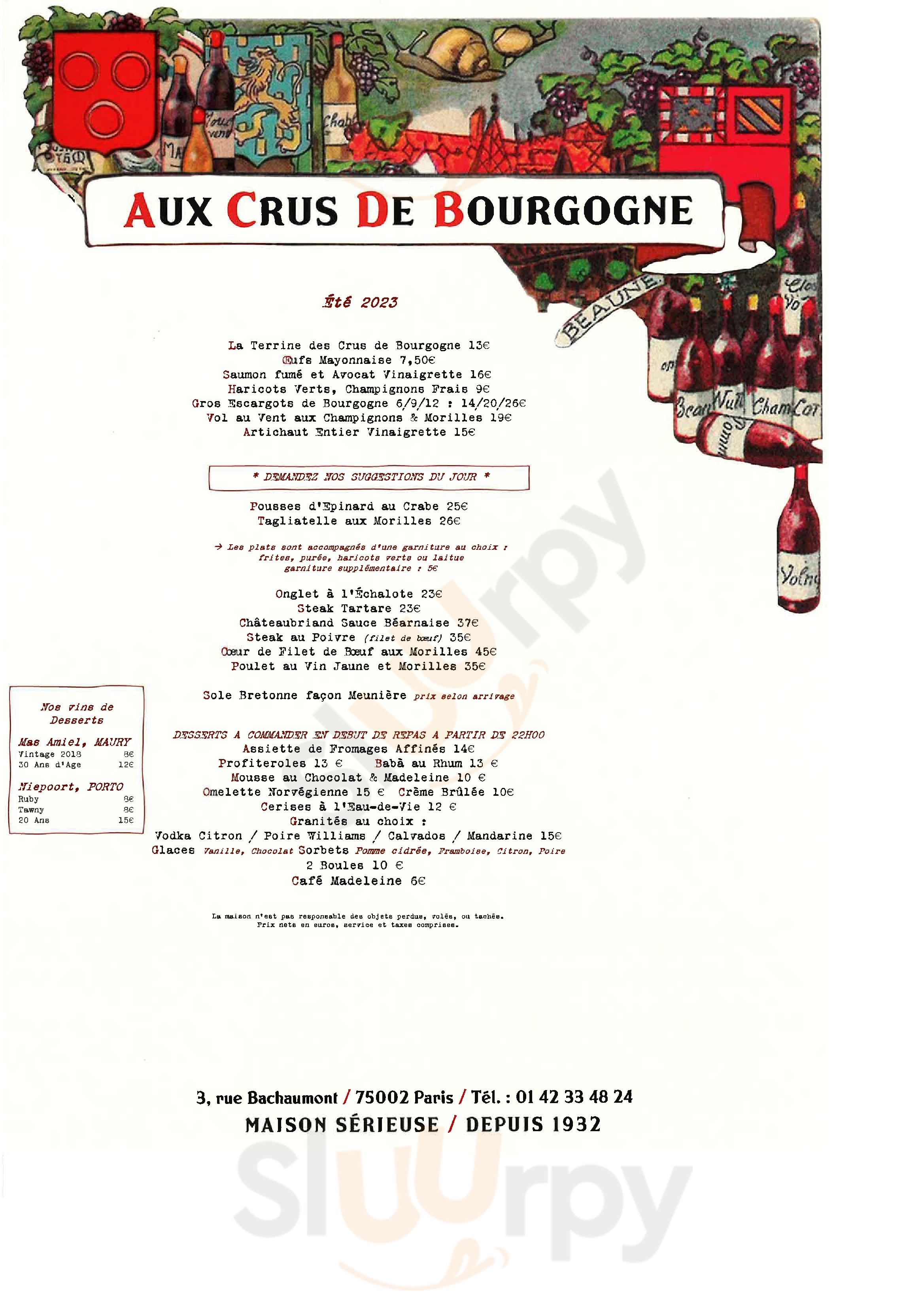 Aux Crus De Bourgogne Paris Menu - 1