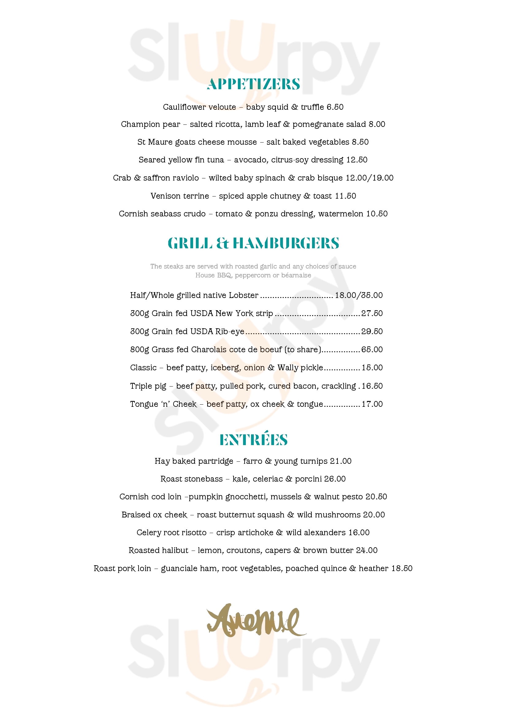 Main Menu - Avenue Restaurant & Bar