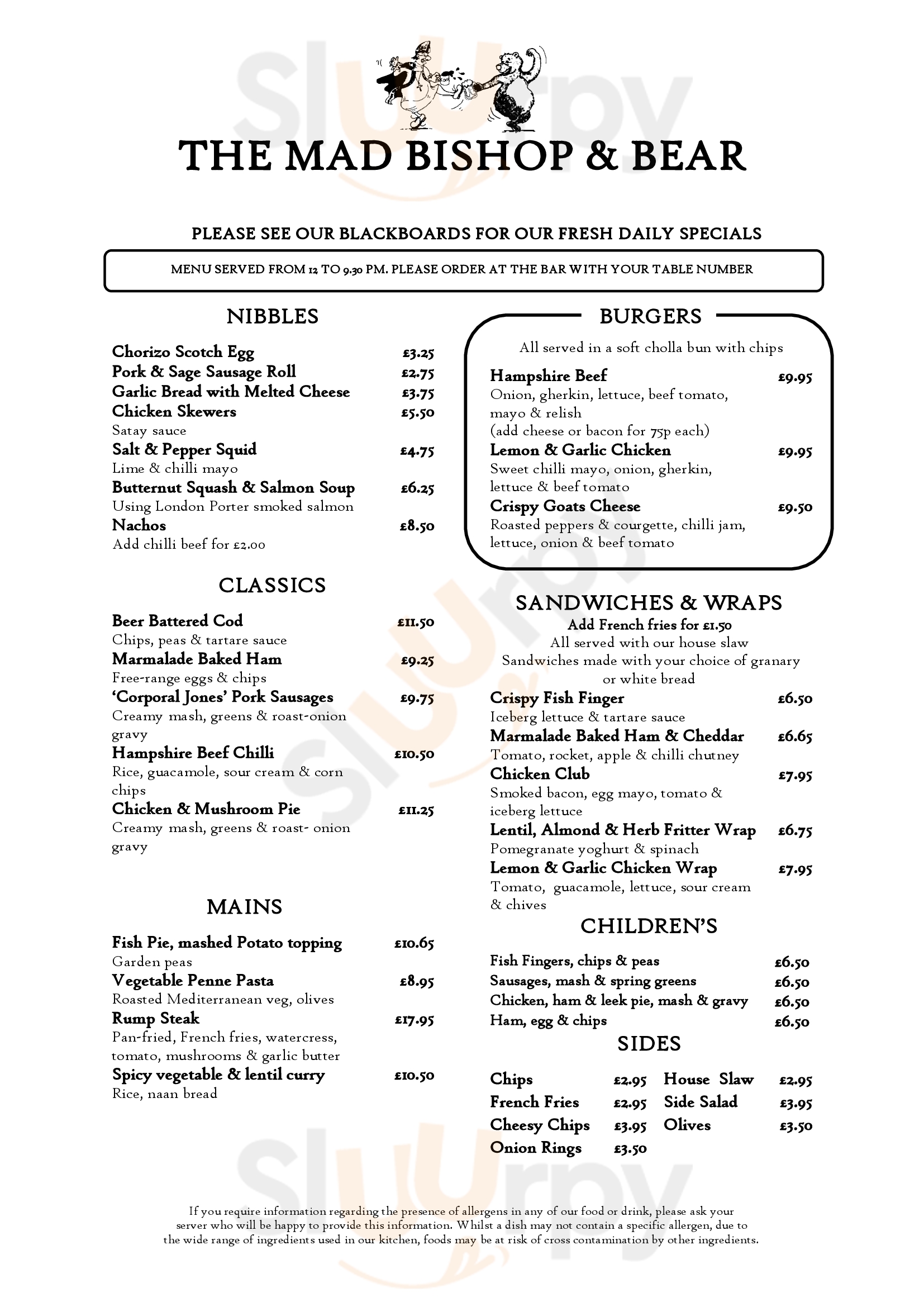 Main Menu - The Mad Bishop & Bear, Paddington