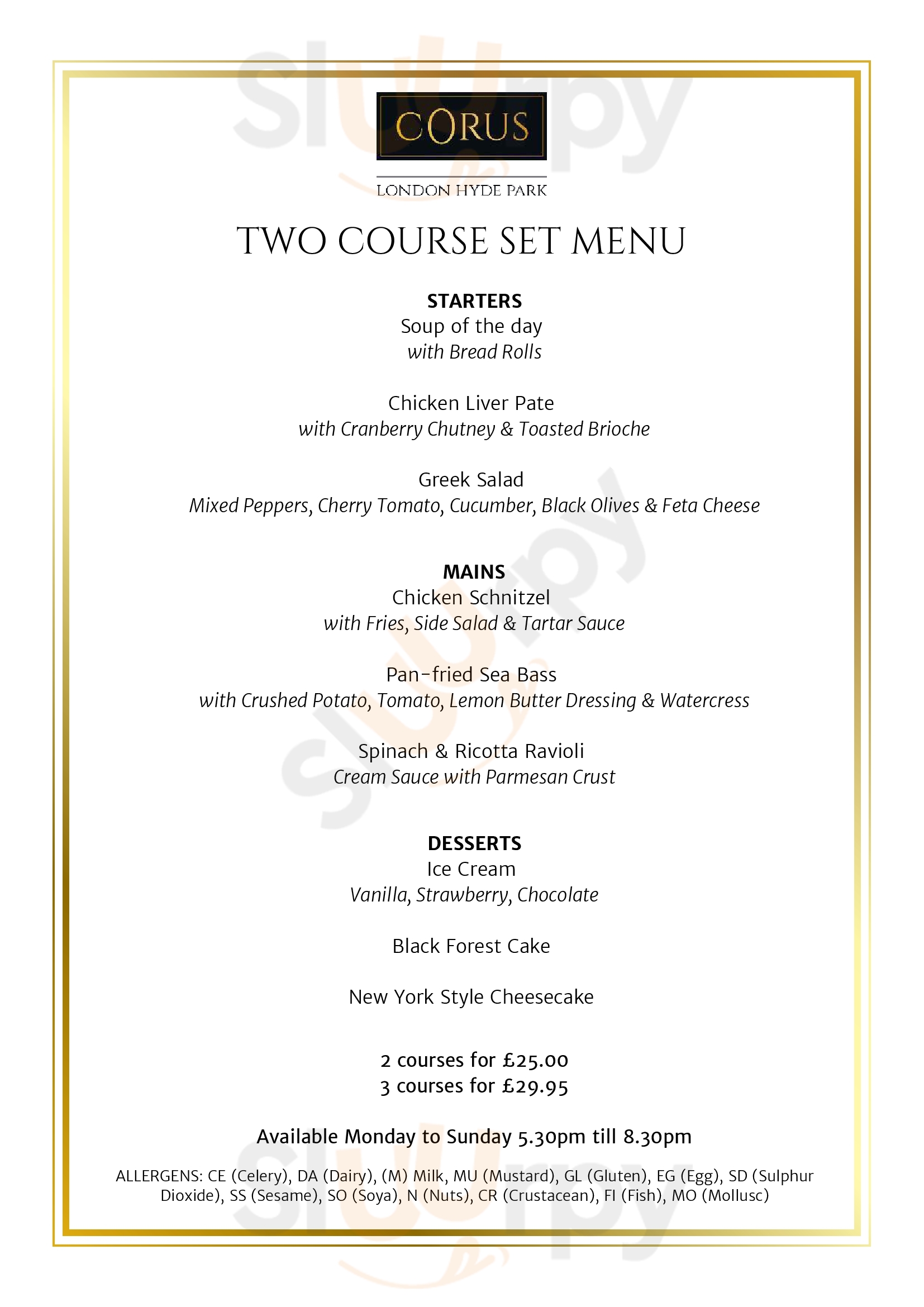 Main Menu - The Brasserie At Corus Hyde Park