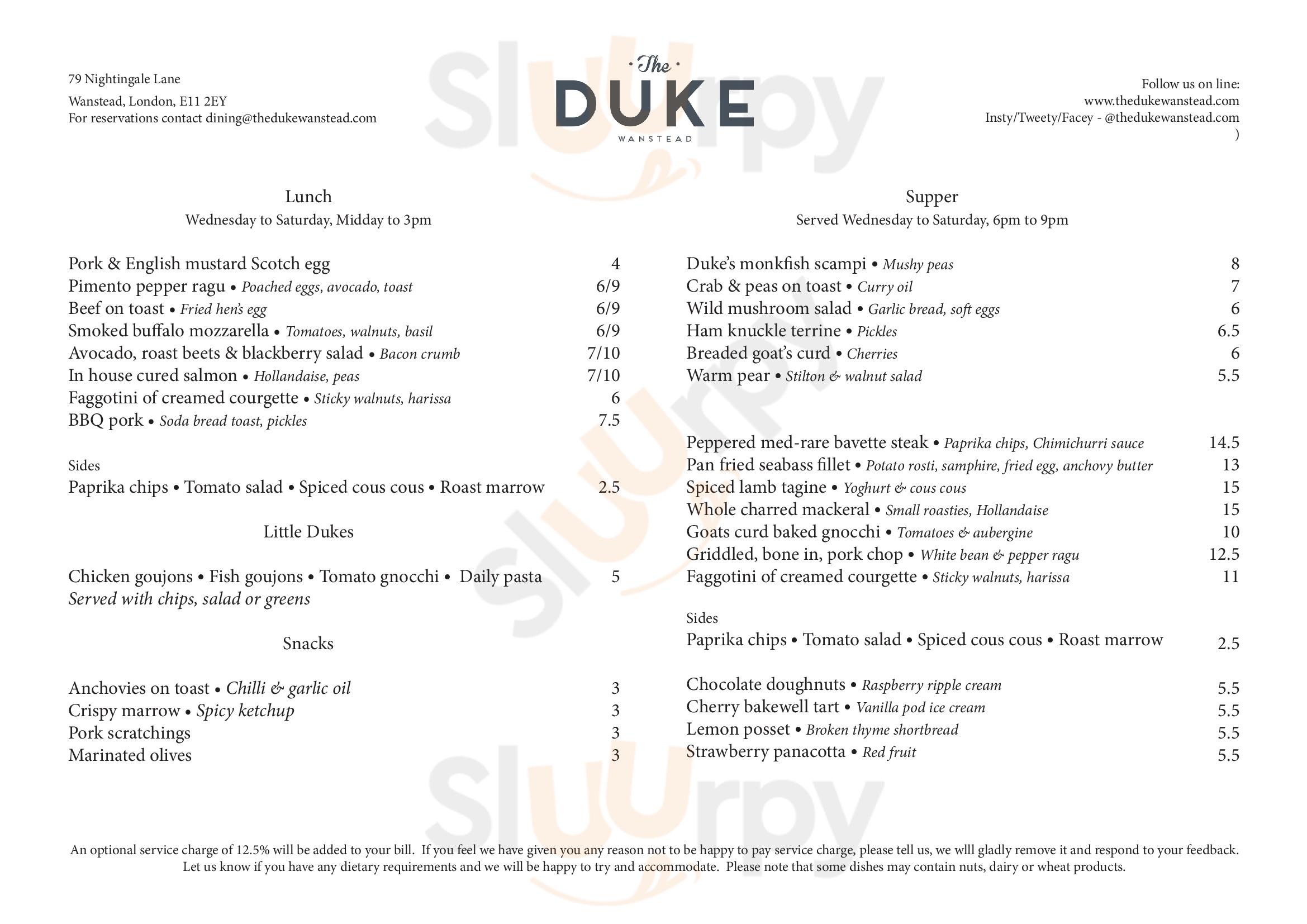 Main Menu - The Duke Wanstead
