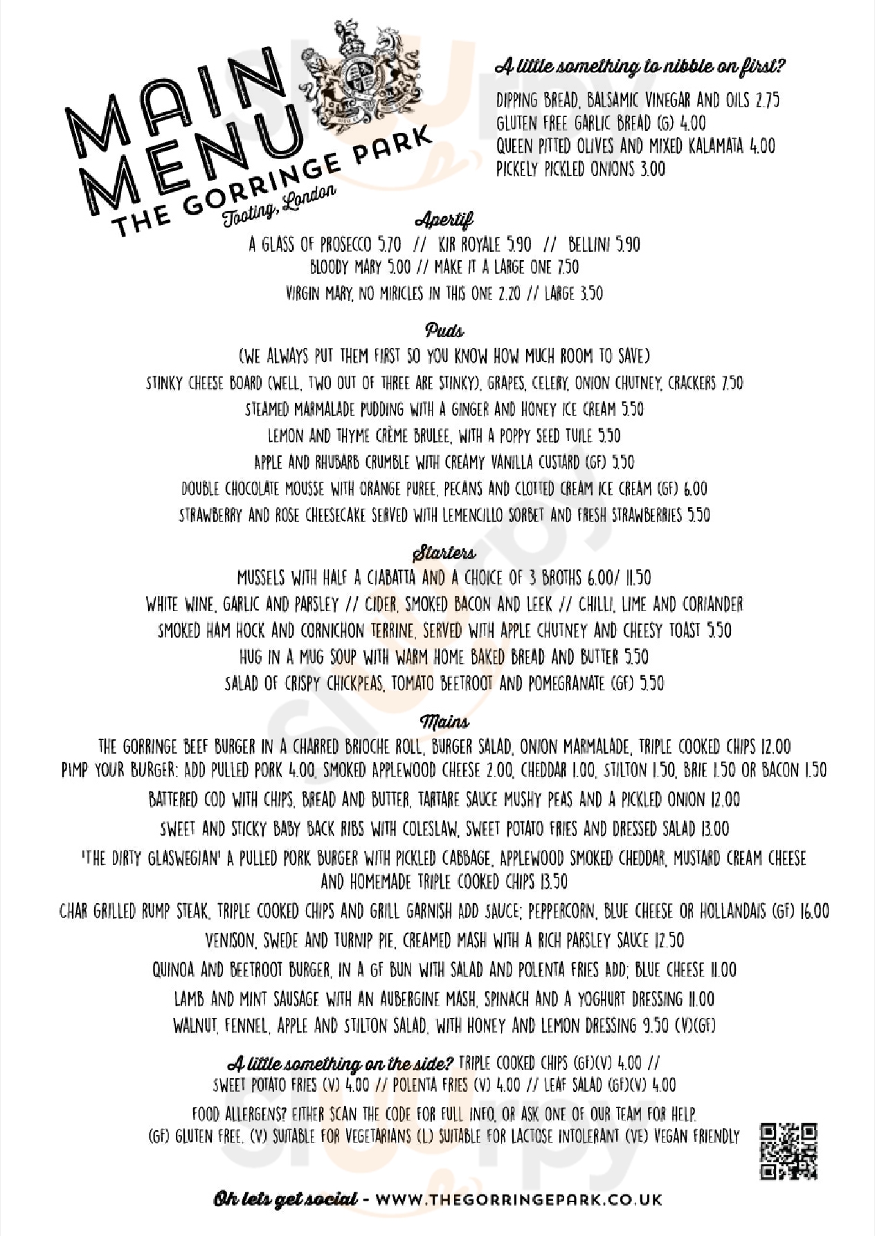 Main Menu - Gorringe Park Pub