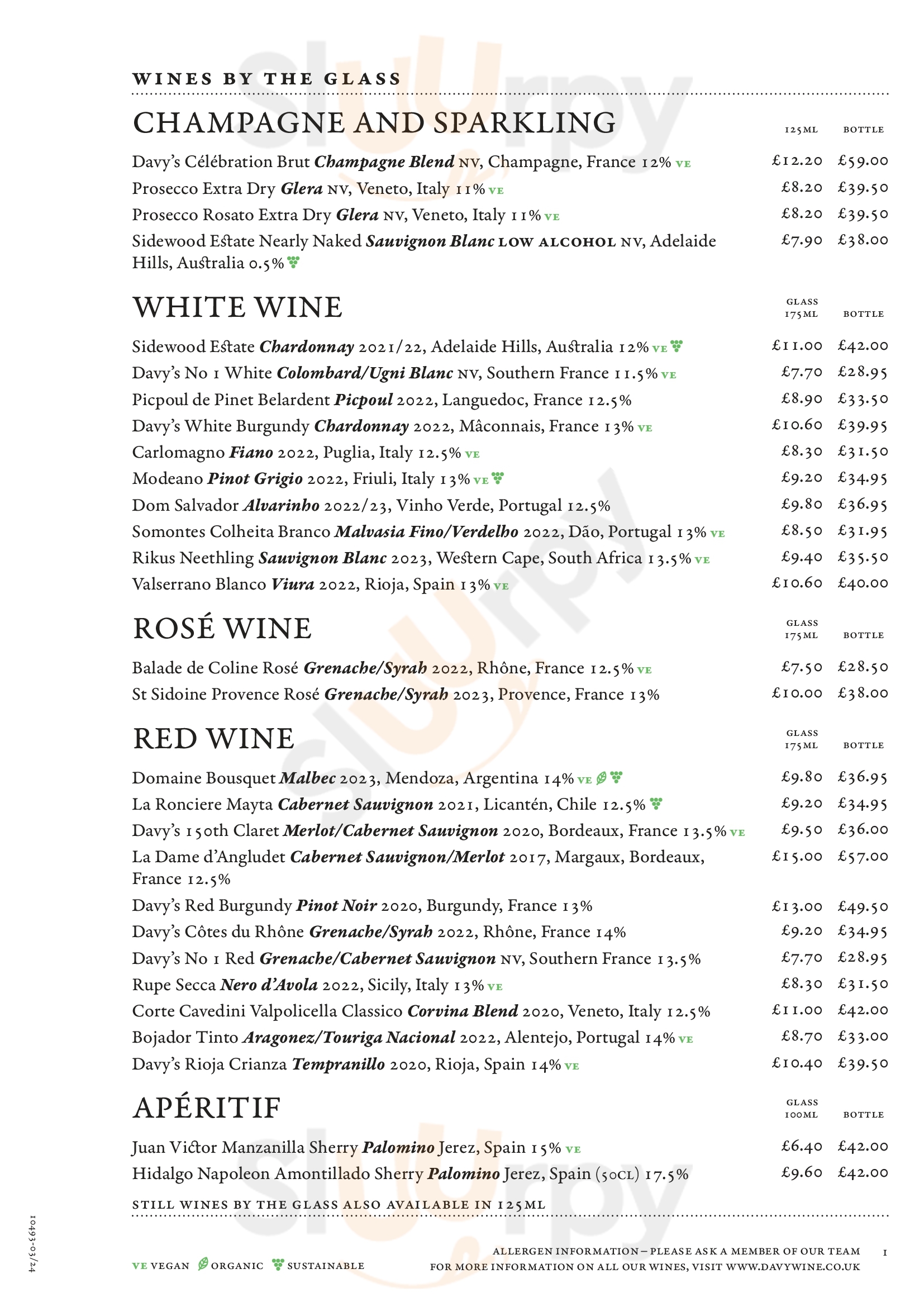 Main Menu - Davy's At Exchange Square