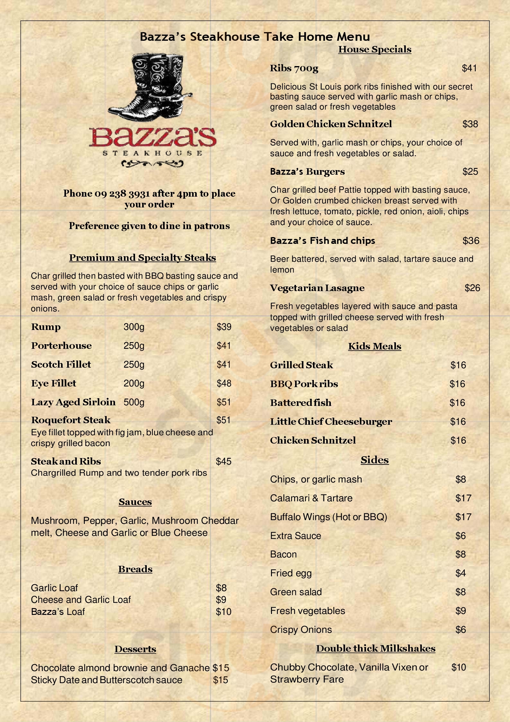 Bazza's Steakhouse Pukekohe Menu - 1