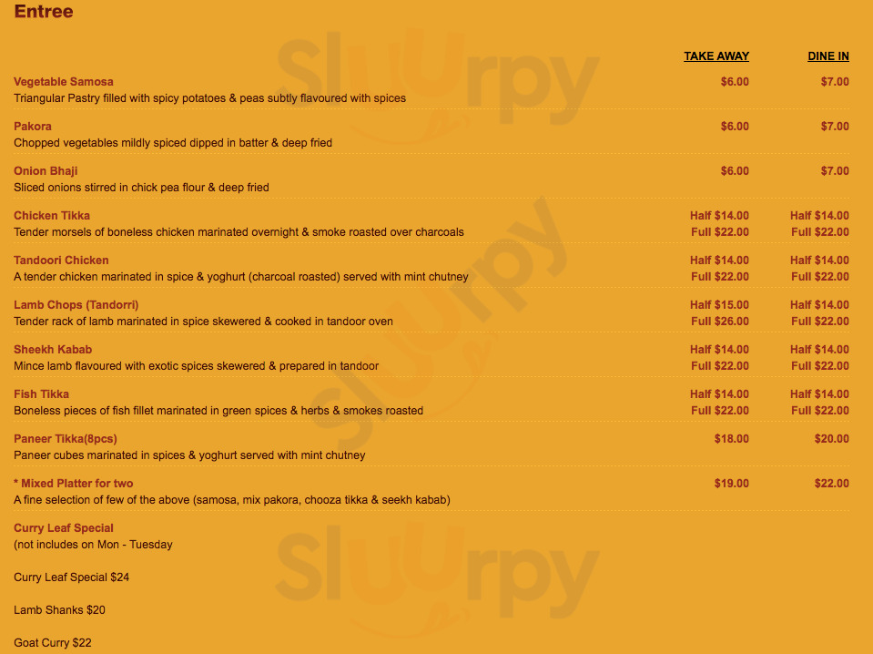 Curry Leaf Indian Restaurant Onehunga Menu - 1