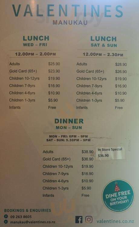Valentines Licensed Buffet Restaurant Manukau Menu - 1