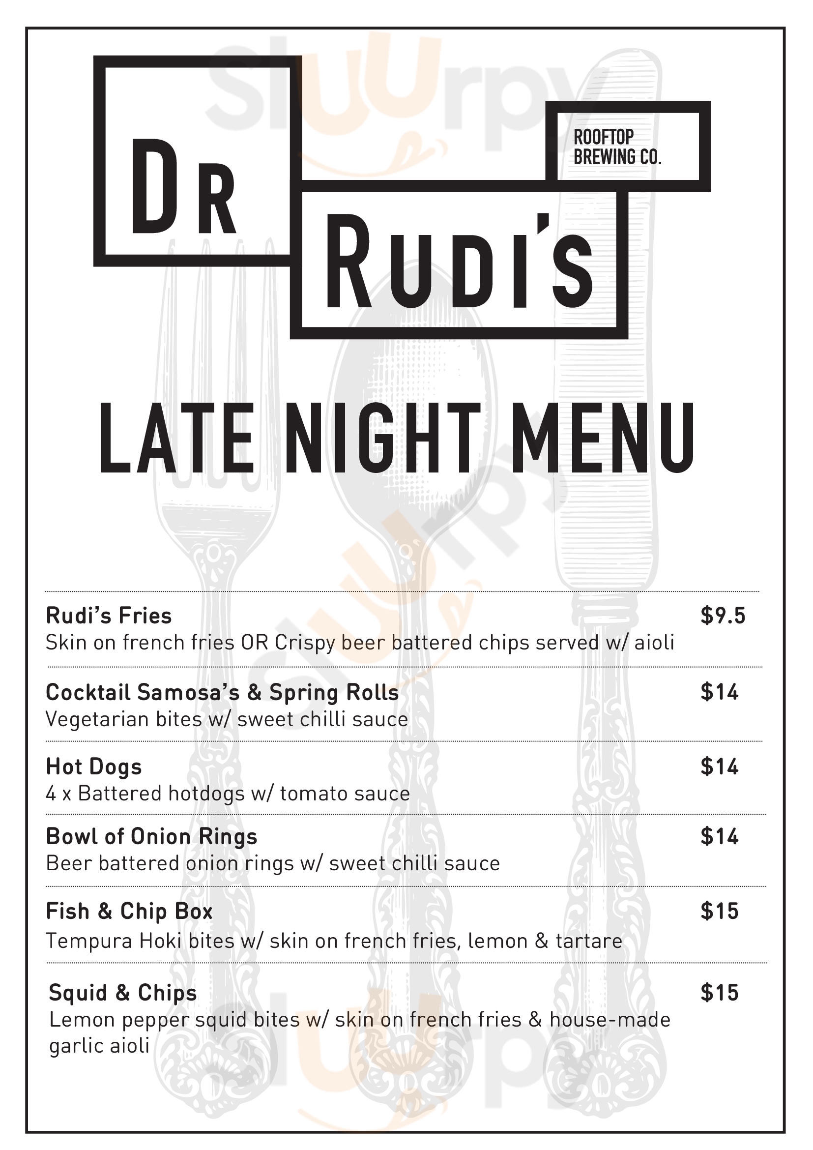 Dr Rudi's Rooftop Brewing Co. Auckland Central Menu - 1