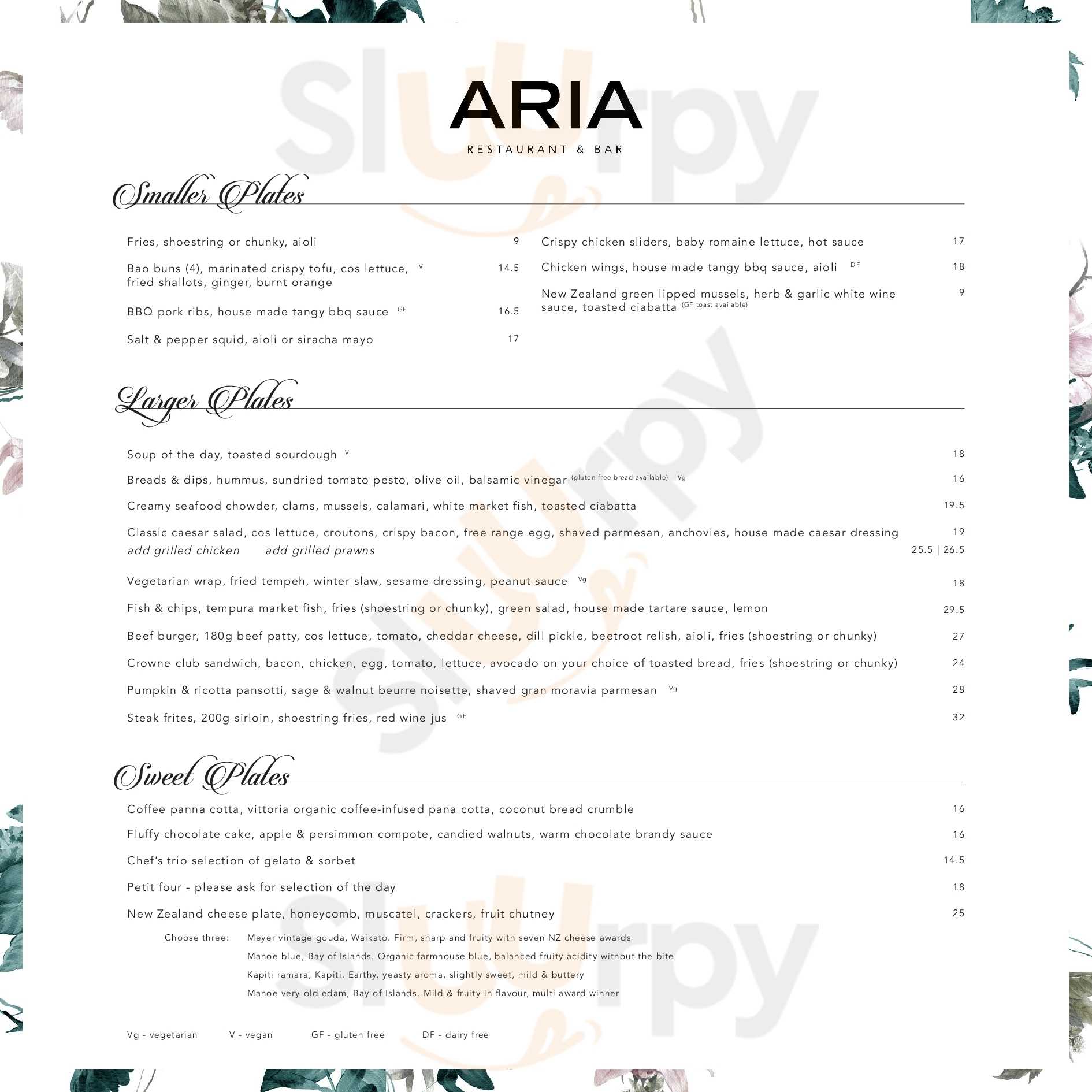 Aria Restaurant And Bar - Crowne Plaza Auckland Auckland Central Menu - 1