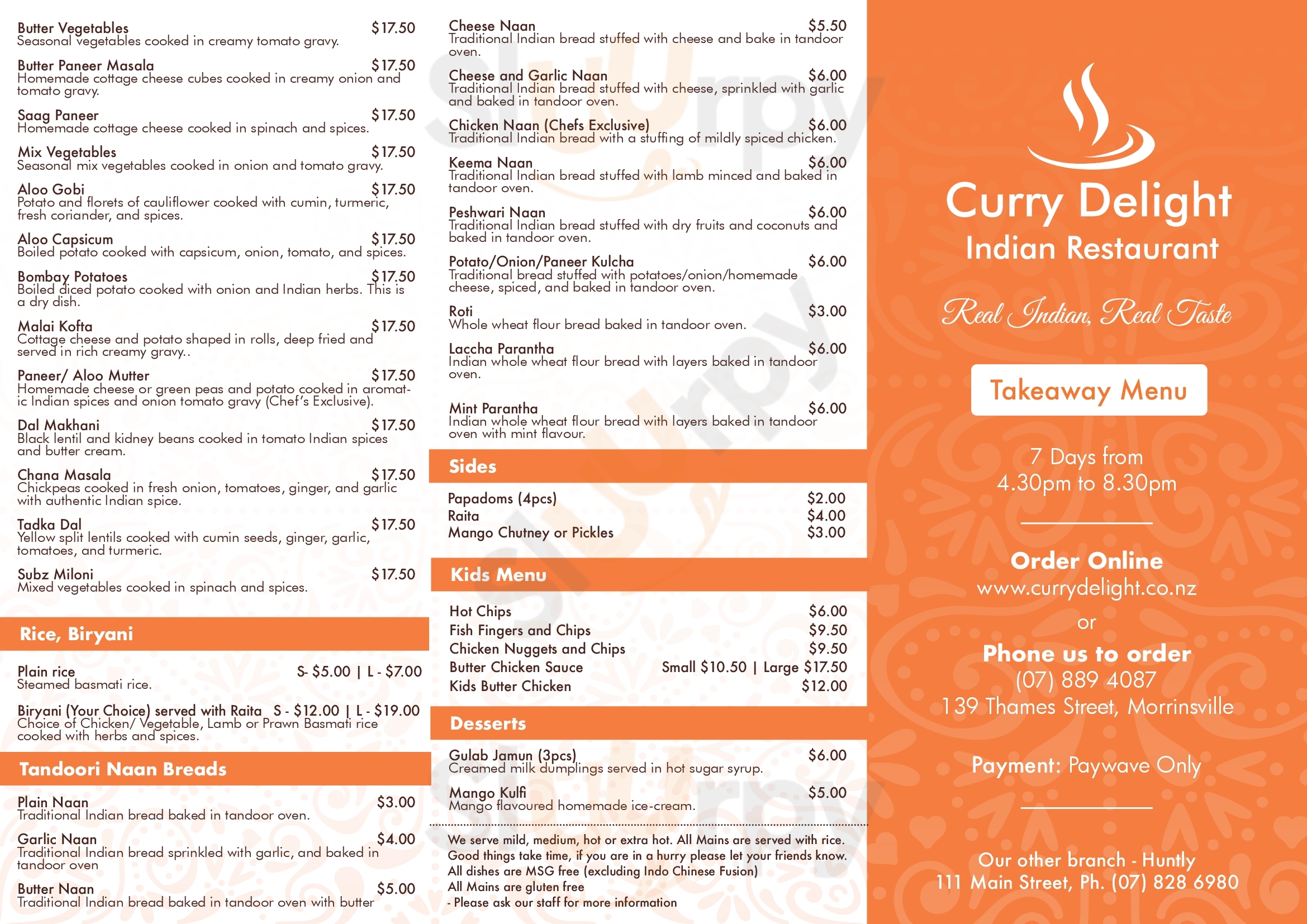Curry Delight Indian Restaurant Morrinsville Menu - 1