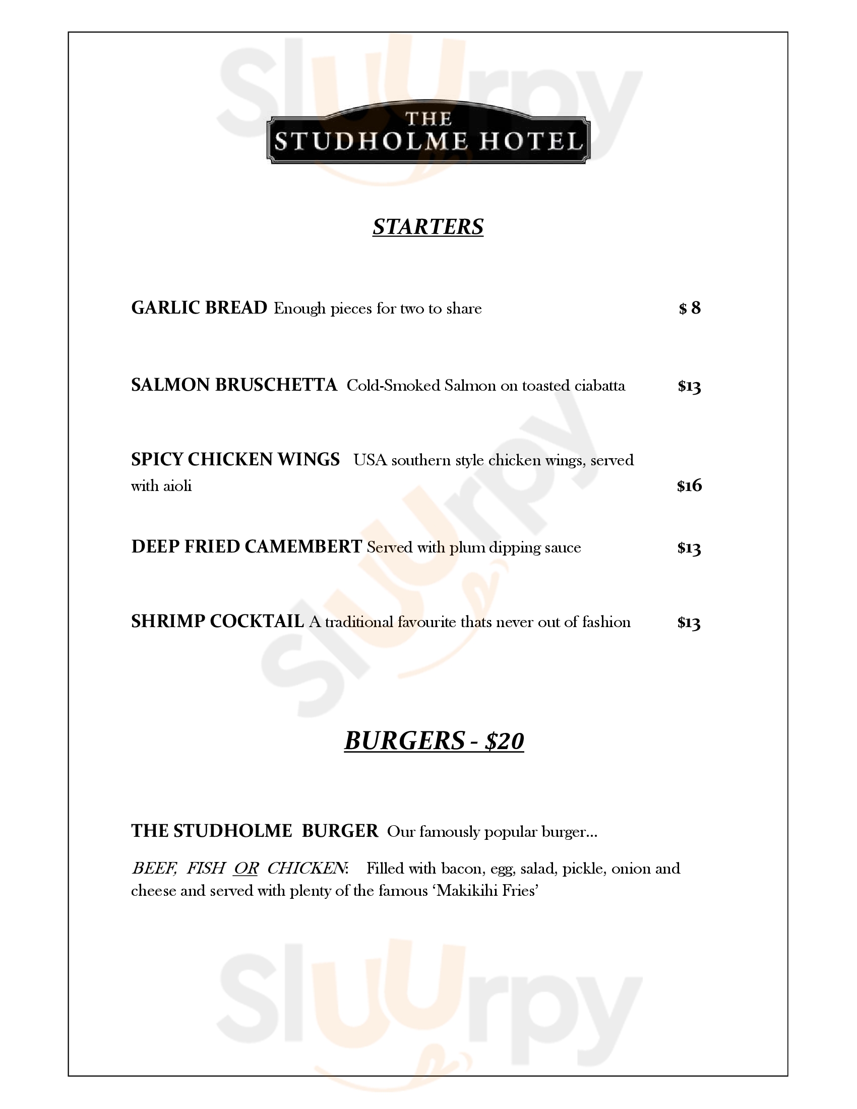 Studholme Hotel Waimate Menu - 1