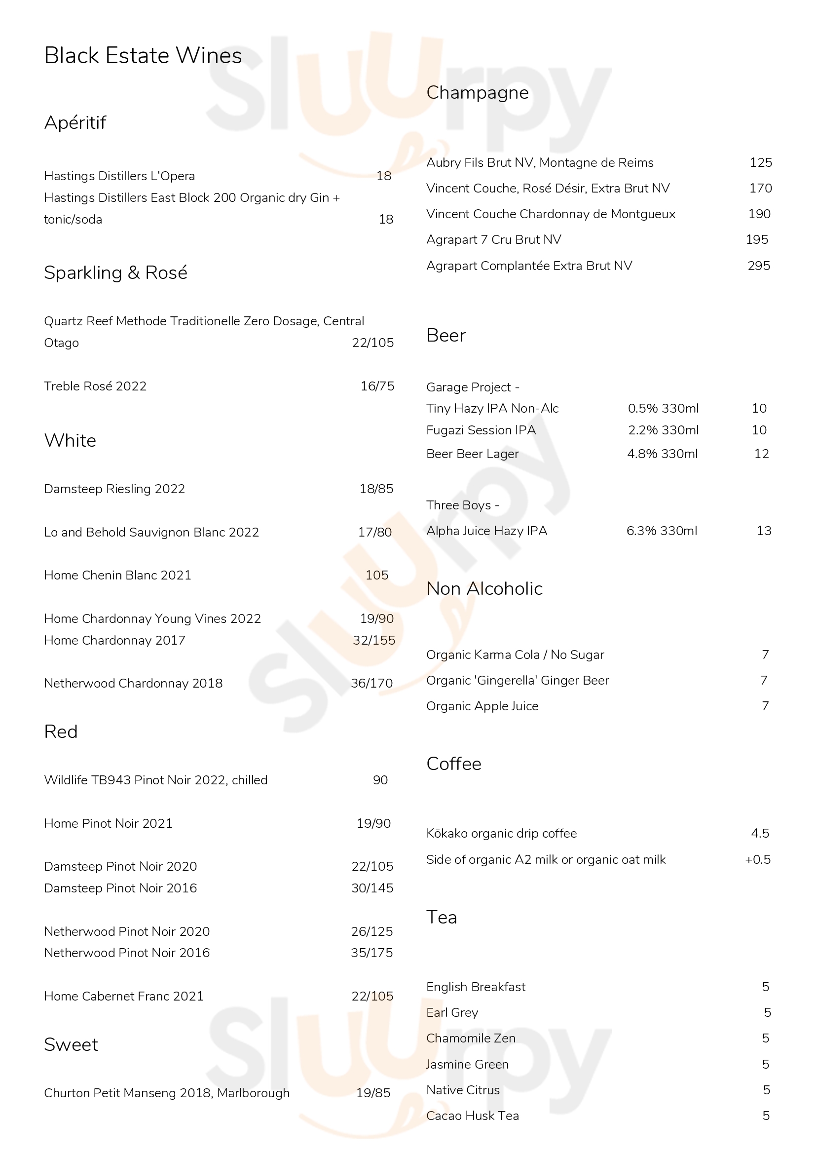 Black Estate Wines Waipara Menu - 1