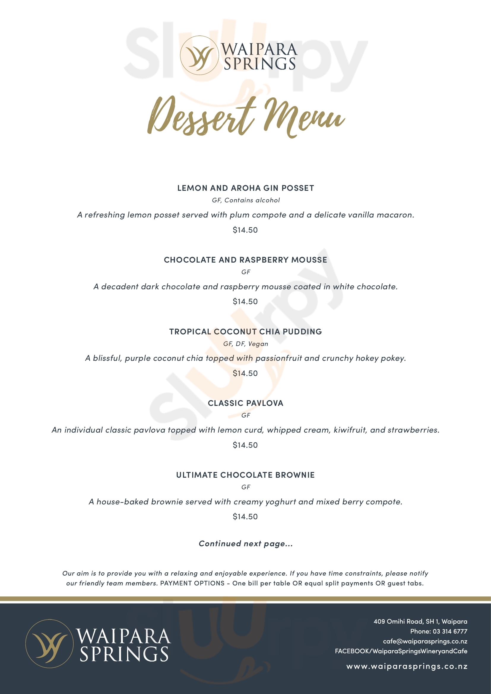 Waipara Springs Winery & Restaurant Waipara Menu - 1