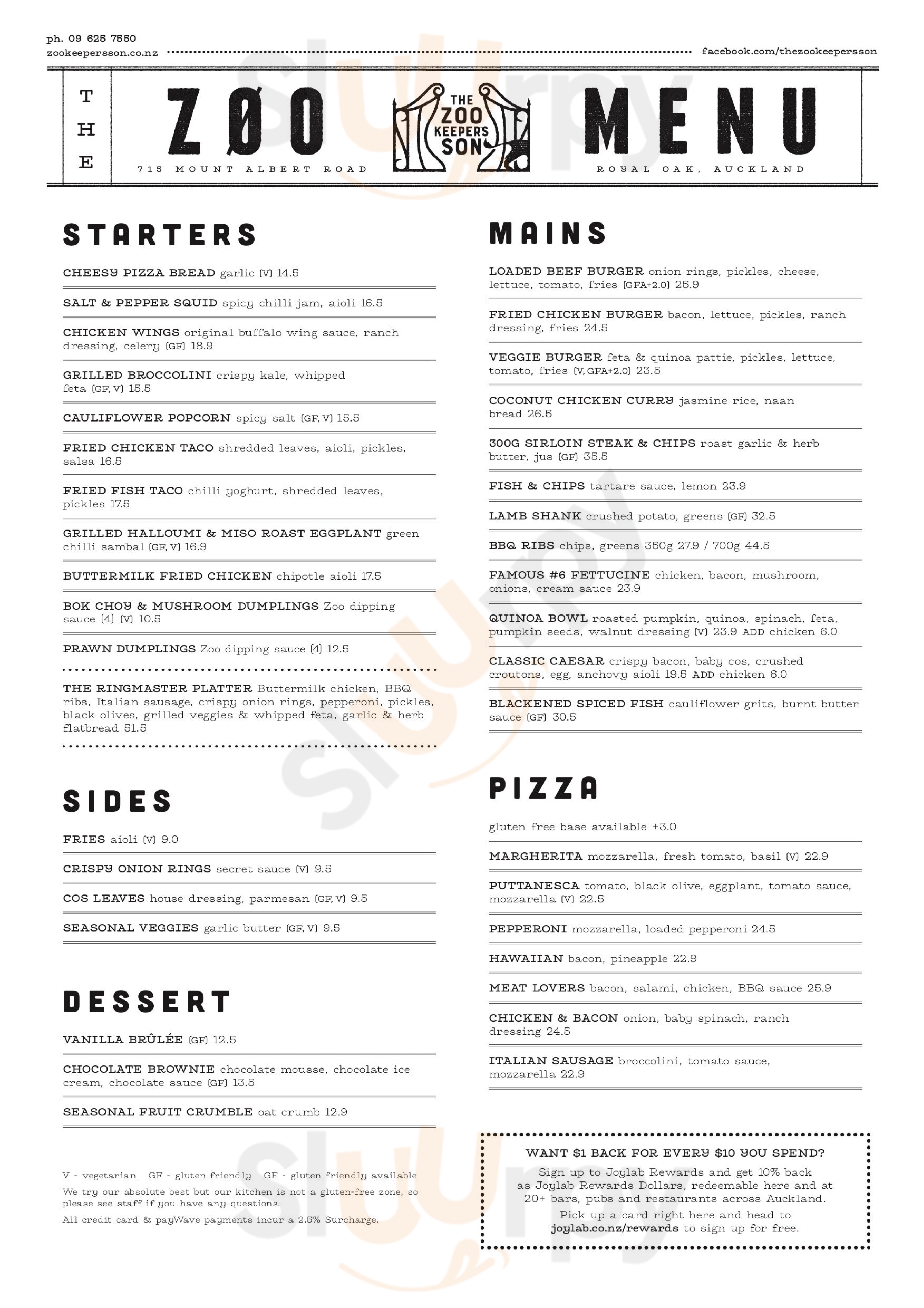 The Zookeepers Son Auckland Central Menu - 1