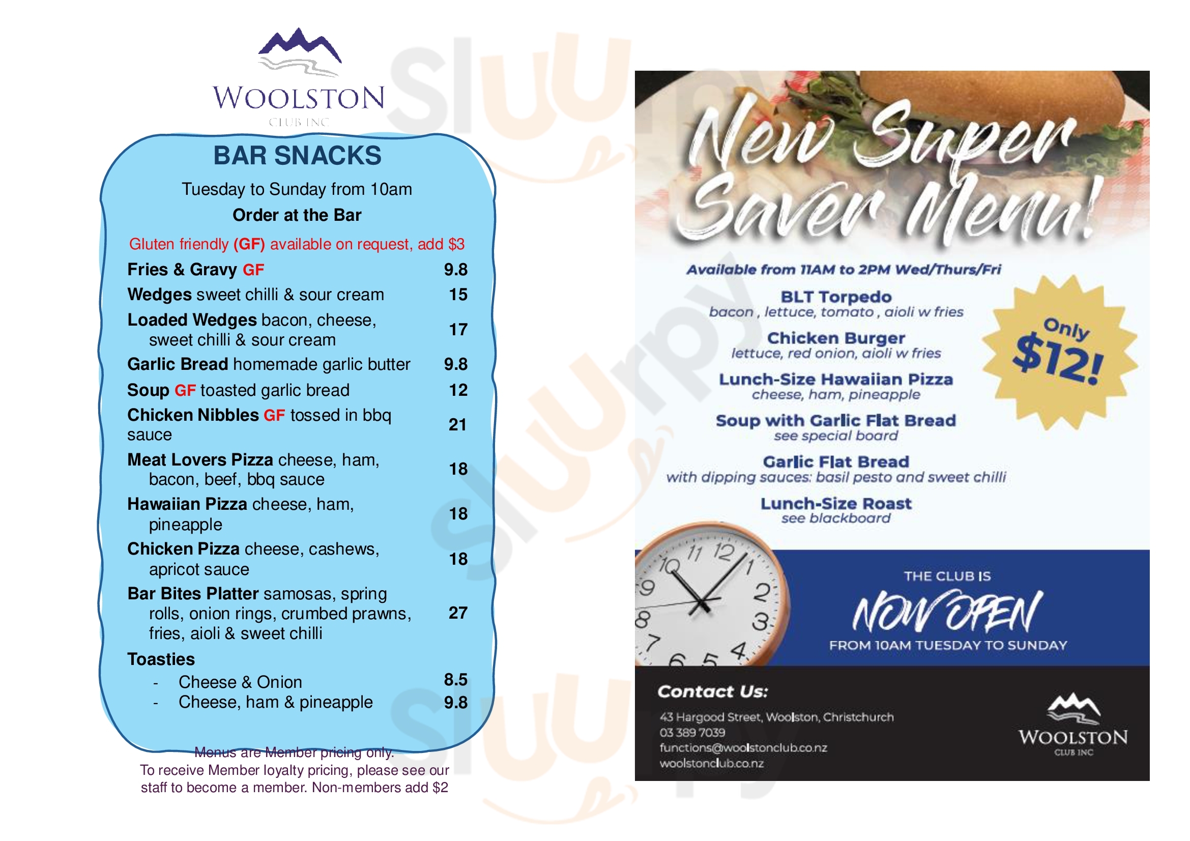 Woolston Club Inc Christchurch Menu - 1